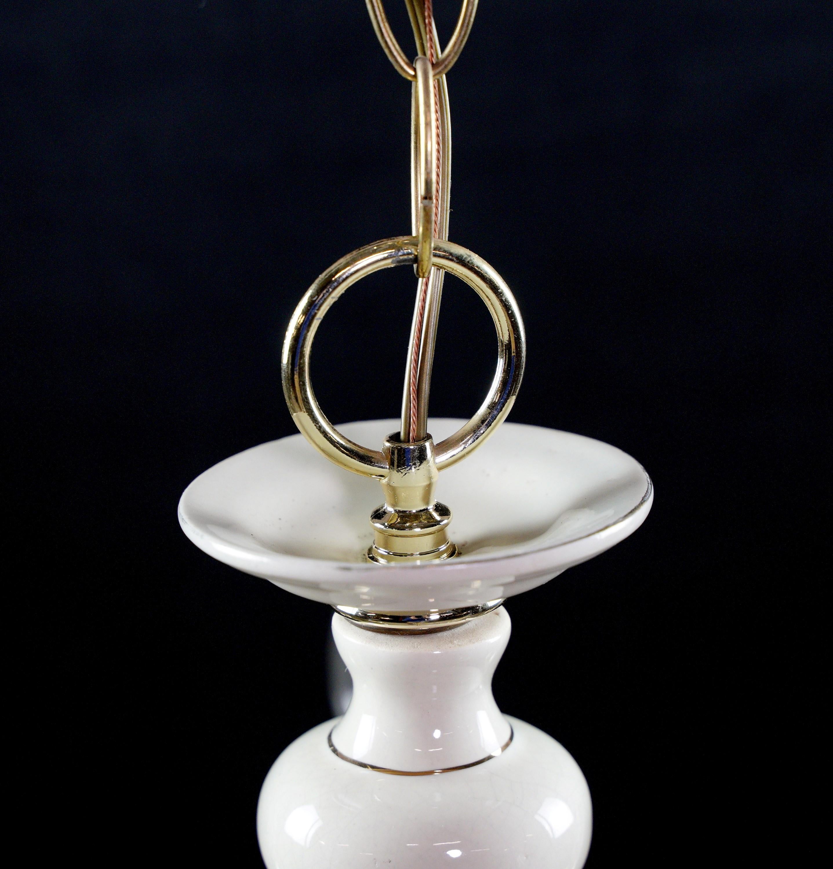 Ceramic Italian 6 Arm Brass Plated W White Porcelain Chandelier