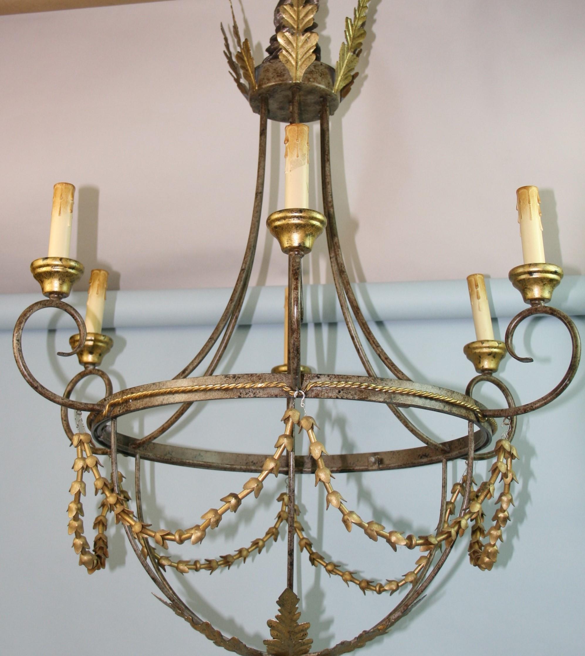 Italian 6 Arm Gilt Wood and Metal Chandelier In Good Condition For Sale In Douglas Manor, NY