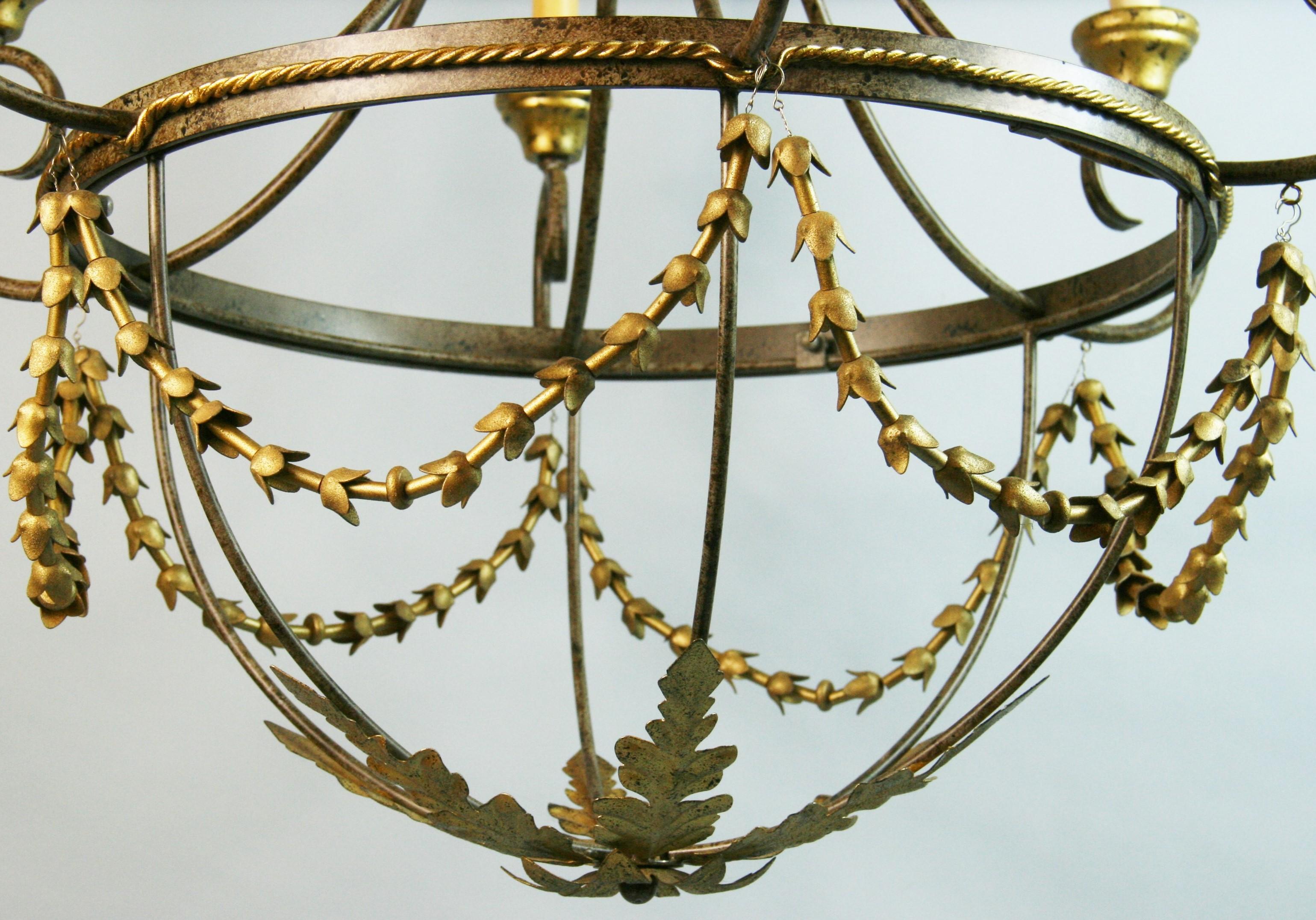 Mid-20th Century Italian 6 Arm Gilt Wood and Metal Chandelier For Sale