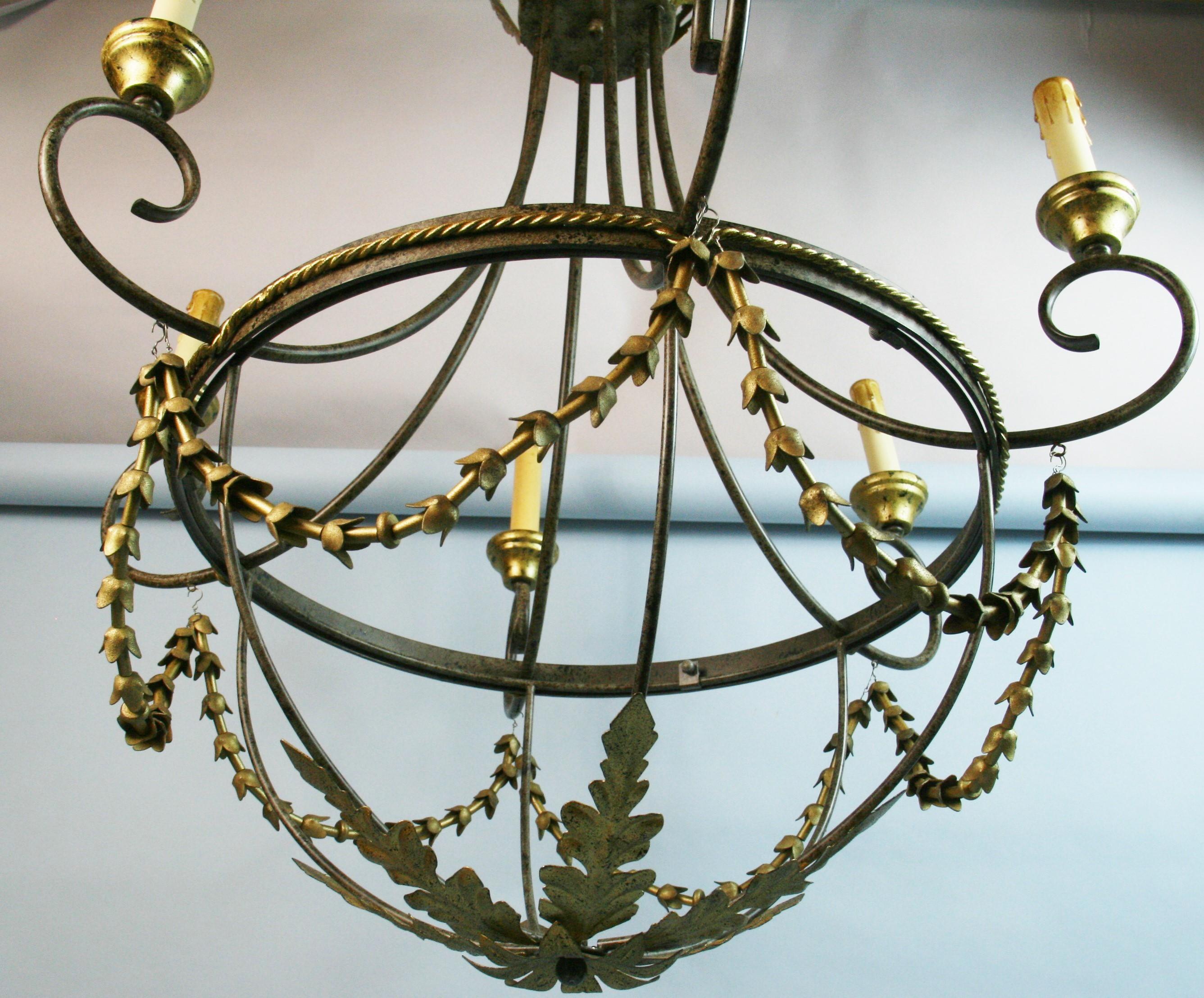 Italian 6 Arm Gilt Wood and Metal Chandelier For Sale 3