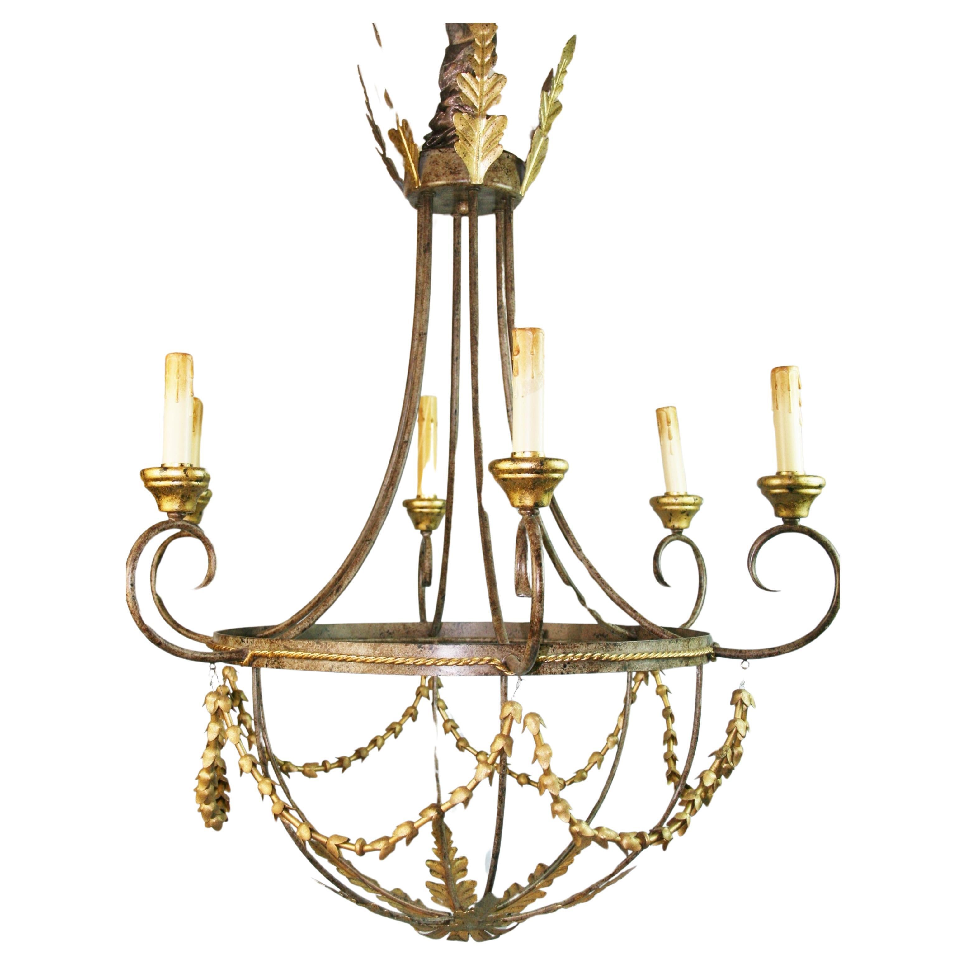 Italian 6 Arm Gilt Wood and Metal Chandelier For Sale