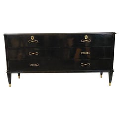 Italian 6-Drawer Black Lacquered Commode with Brass Handles and Glass Top