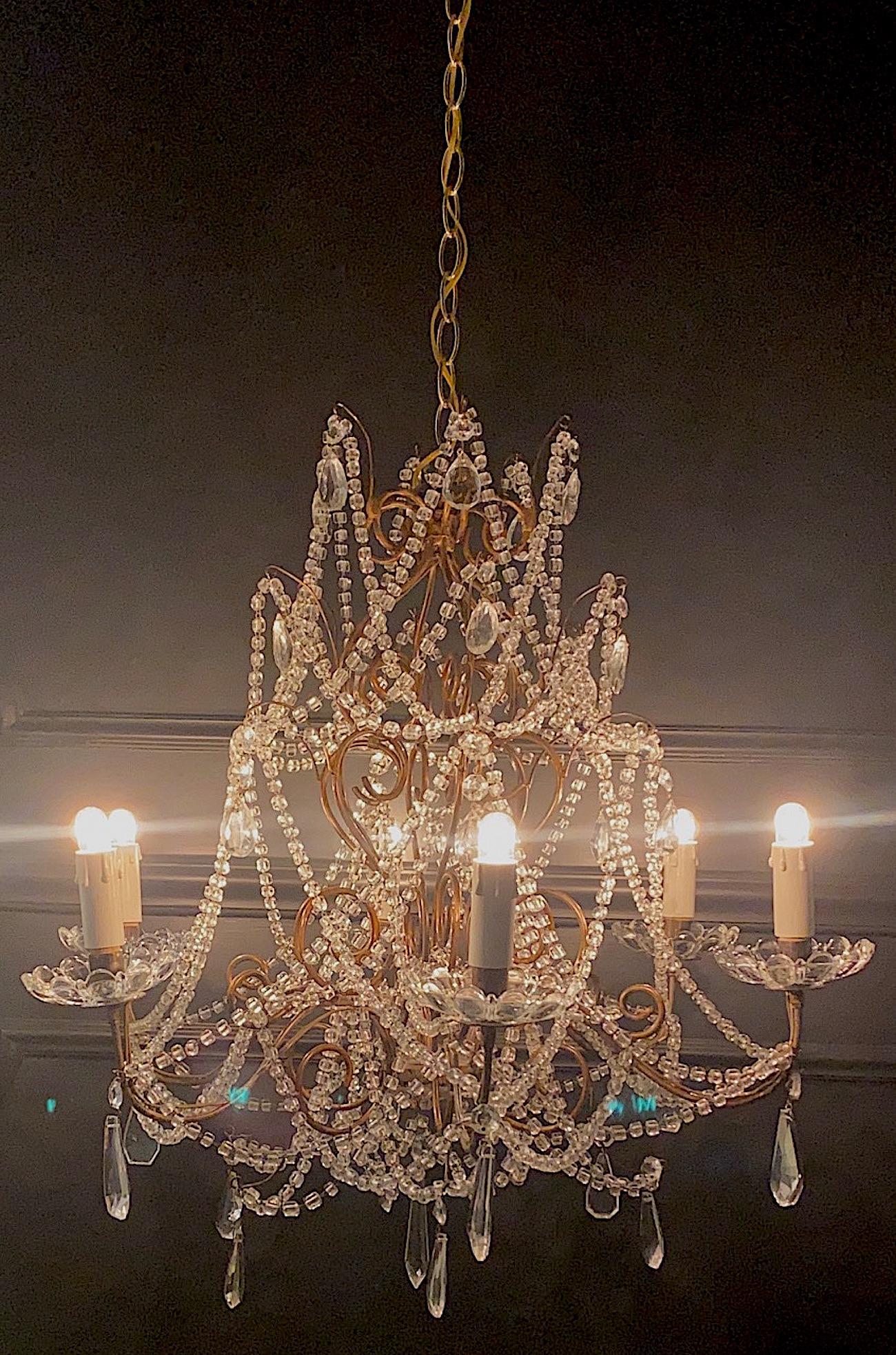 Italian 6 Light Gilt and Crystal Bead Swag Chandelier In Good Condition In New York, NY