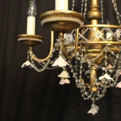 Italian Six-Light Giltwood, Porcelain and Crystal Antique Chandelier