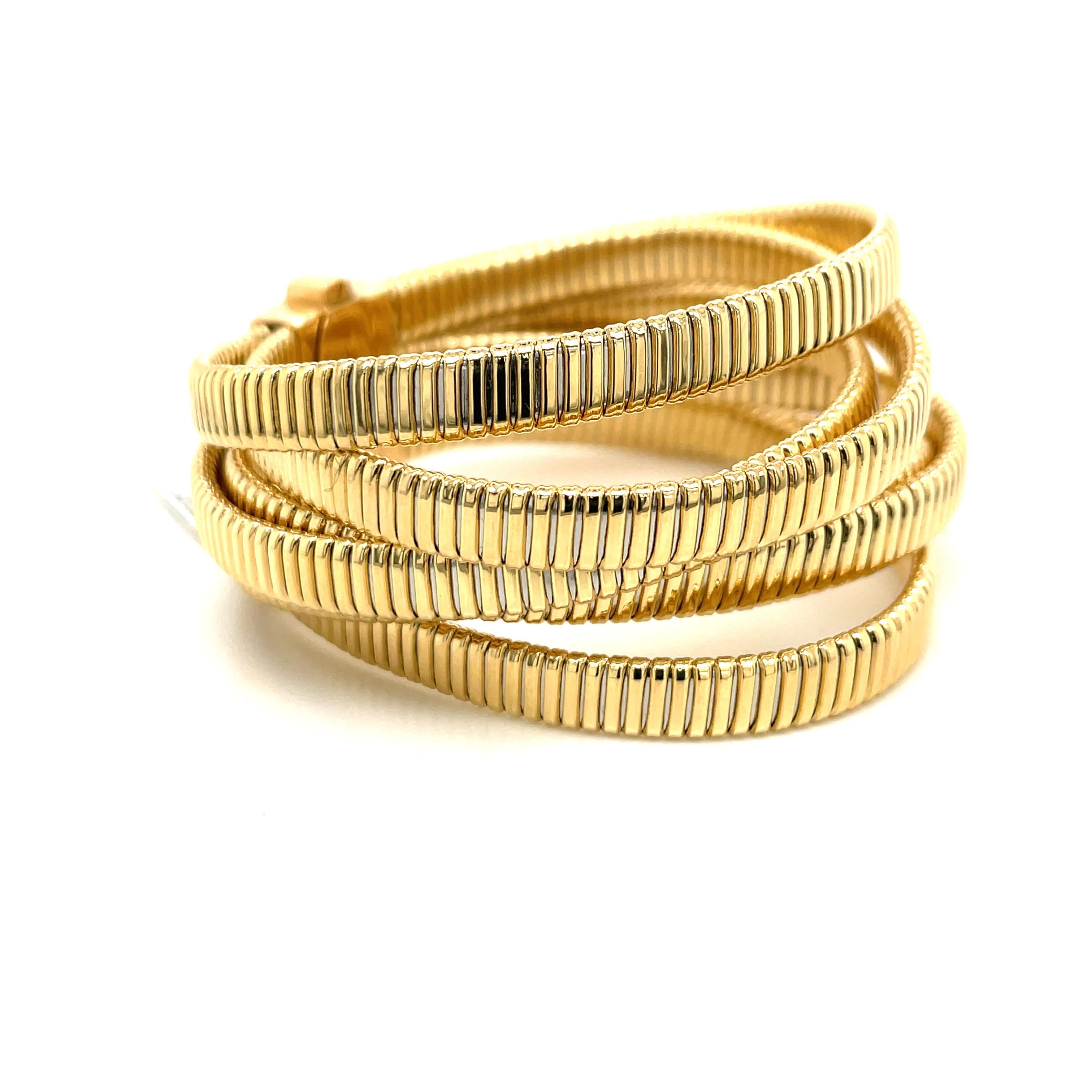 Women's Italian 6 Multi Row Tubogas Wide Bracelet 18 Karat Yellow Gold 48.9 Grams For Sale