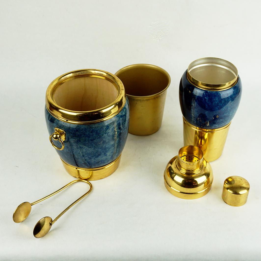 Mid-Century Modern Italian 1960s Brass and blue Goatskin Cocktail Set by Aldo Tura for Macabo