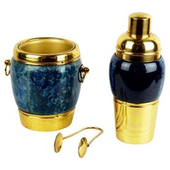 Italian 1960s Brass and blue Goatskin Cocktail Set by Aldo Tura for Macabo