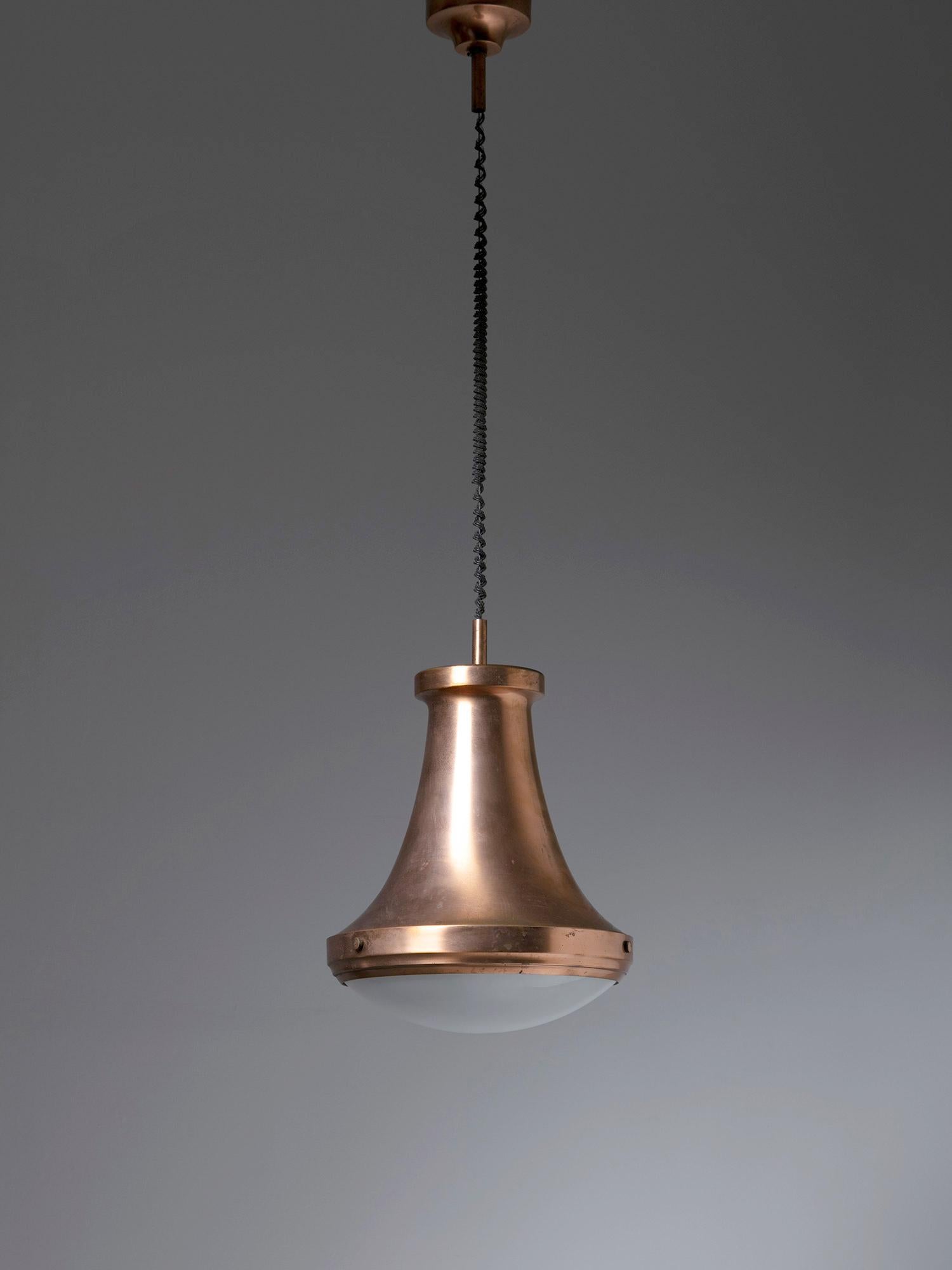 Italian Copper Pendant Lamp with Large Metal Body, Frosted Glass Shade, Italy, 1960s For Sale