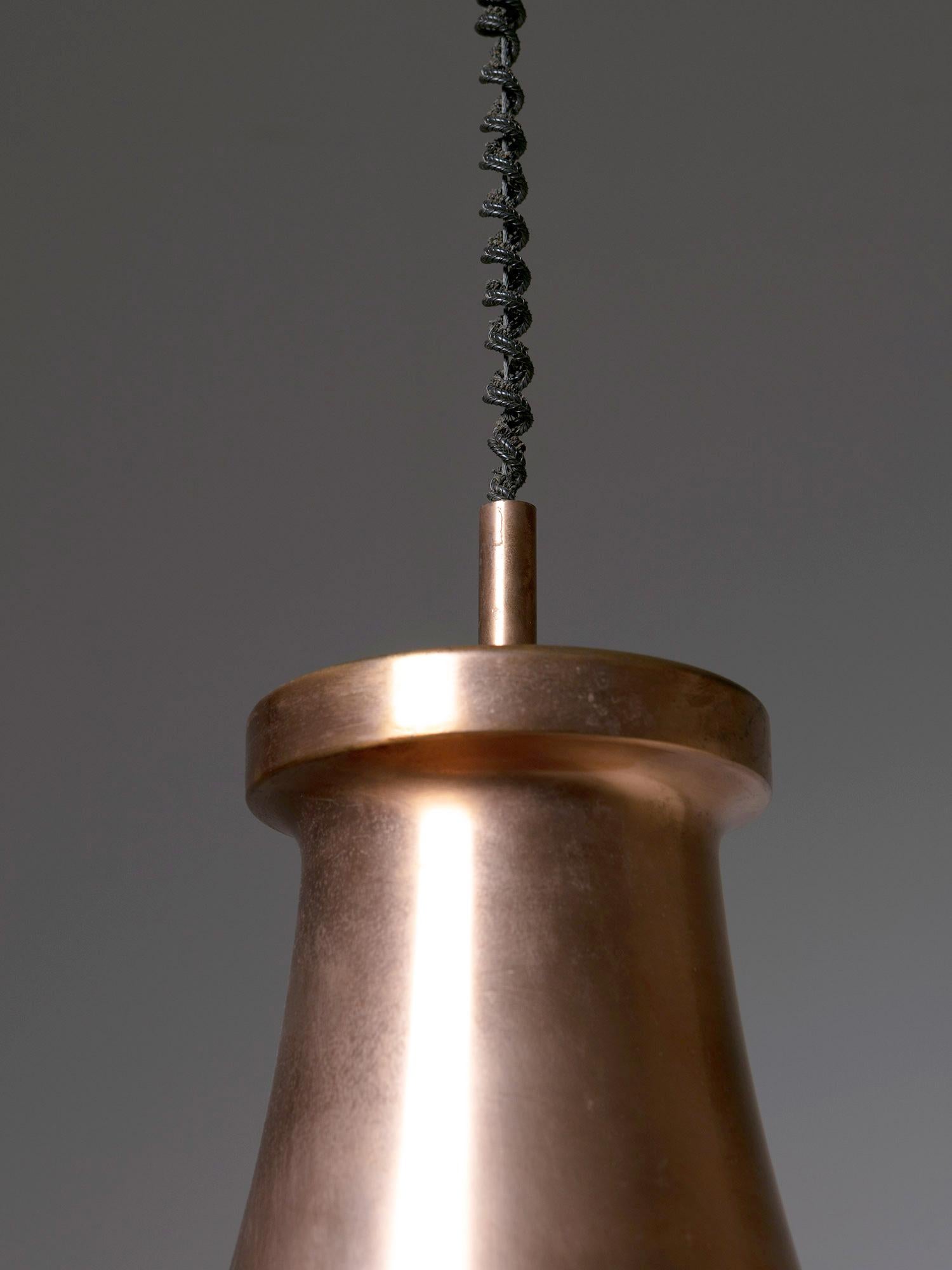Copper Pendant Lamp with Large Metal Body, Frosted Glass Shade, Italy, 1960s In Good Condition For Sale In Milan, IT