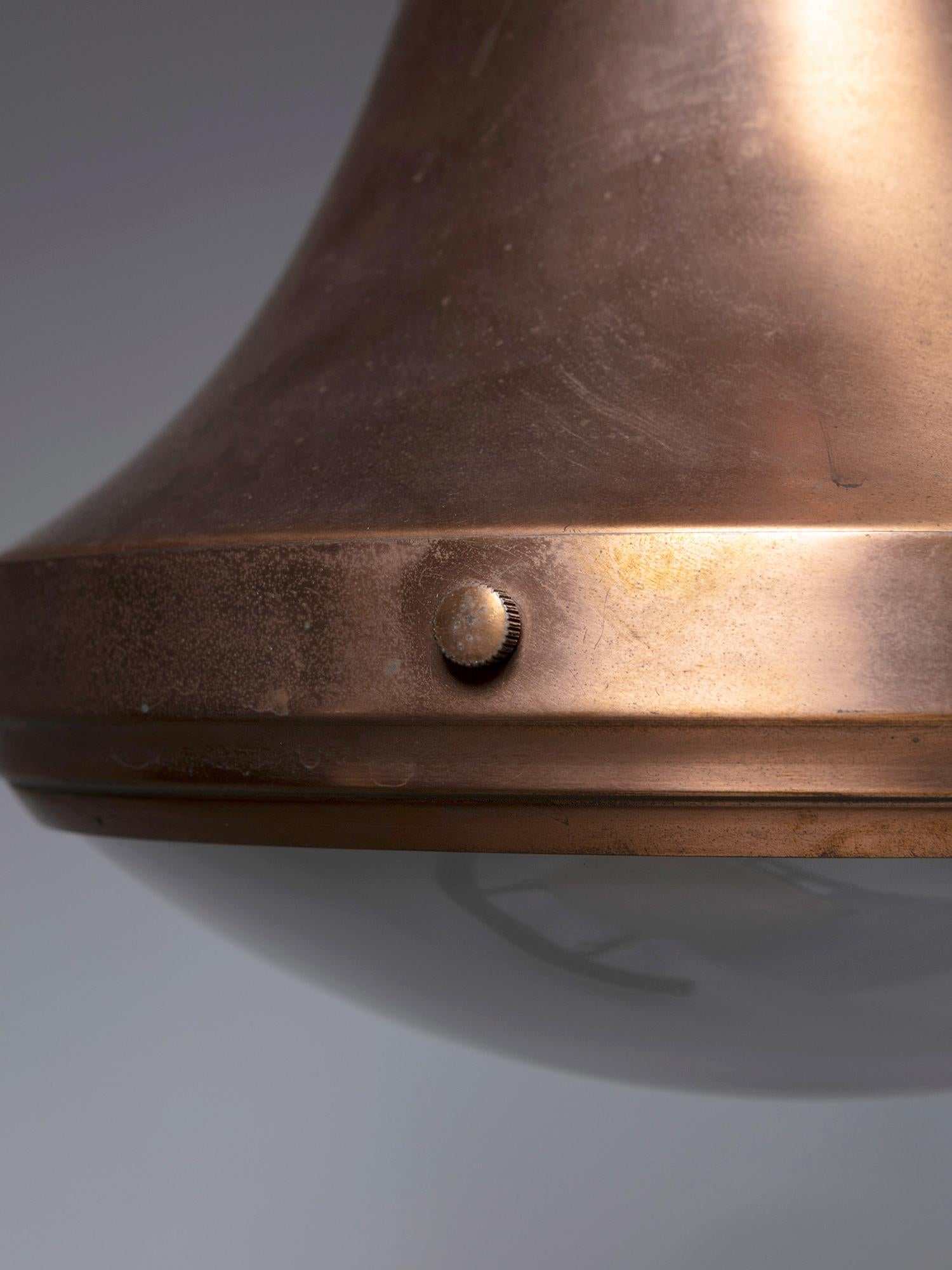 Mid-20th Century Copper Pendant Lamp with Large Metal Body, Frosted Glass Shade, Italy, 1960s For Sale