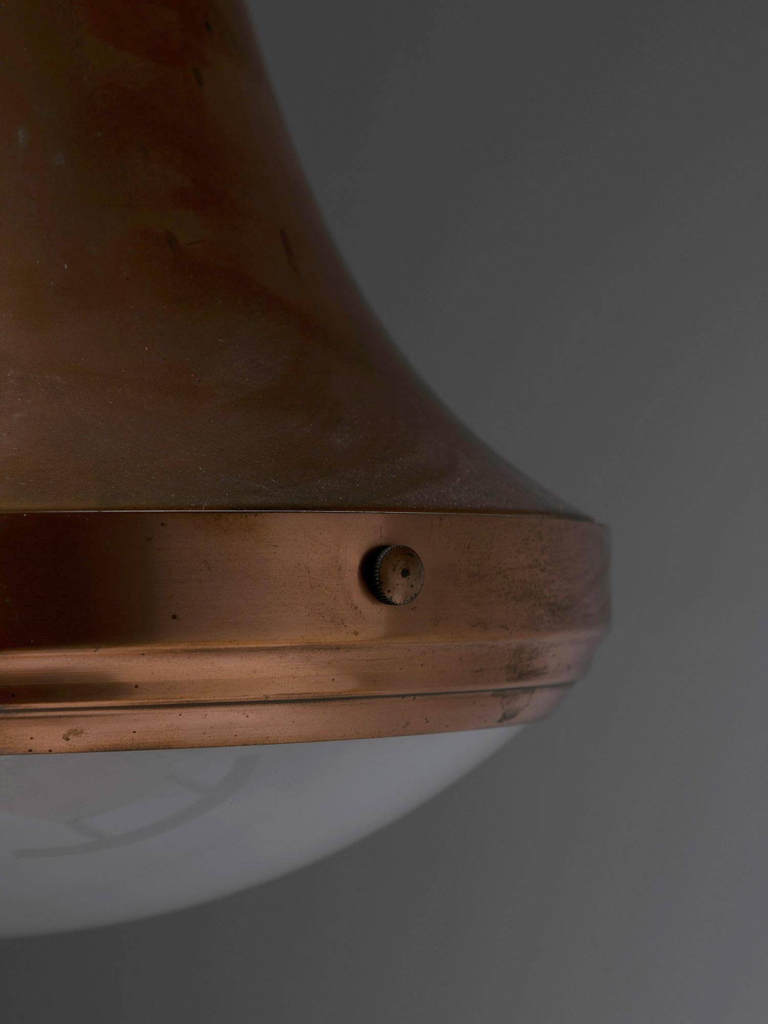 Copper Pendant Lamp with Large Metal Body, Frosted Glass Shade, Italy, 1960s For Sale 1