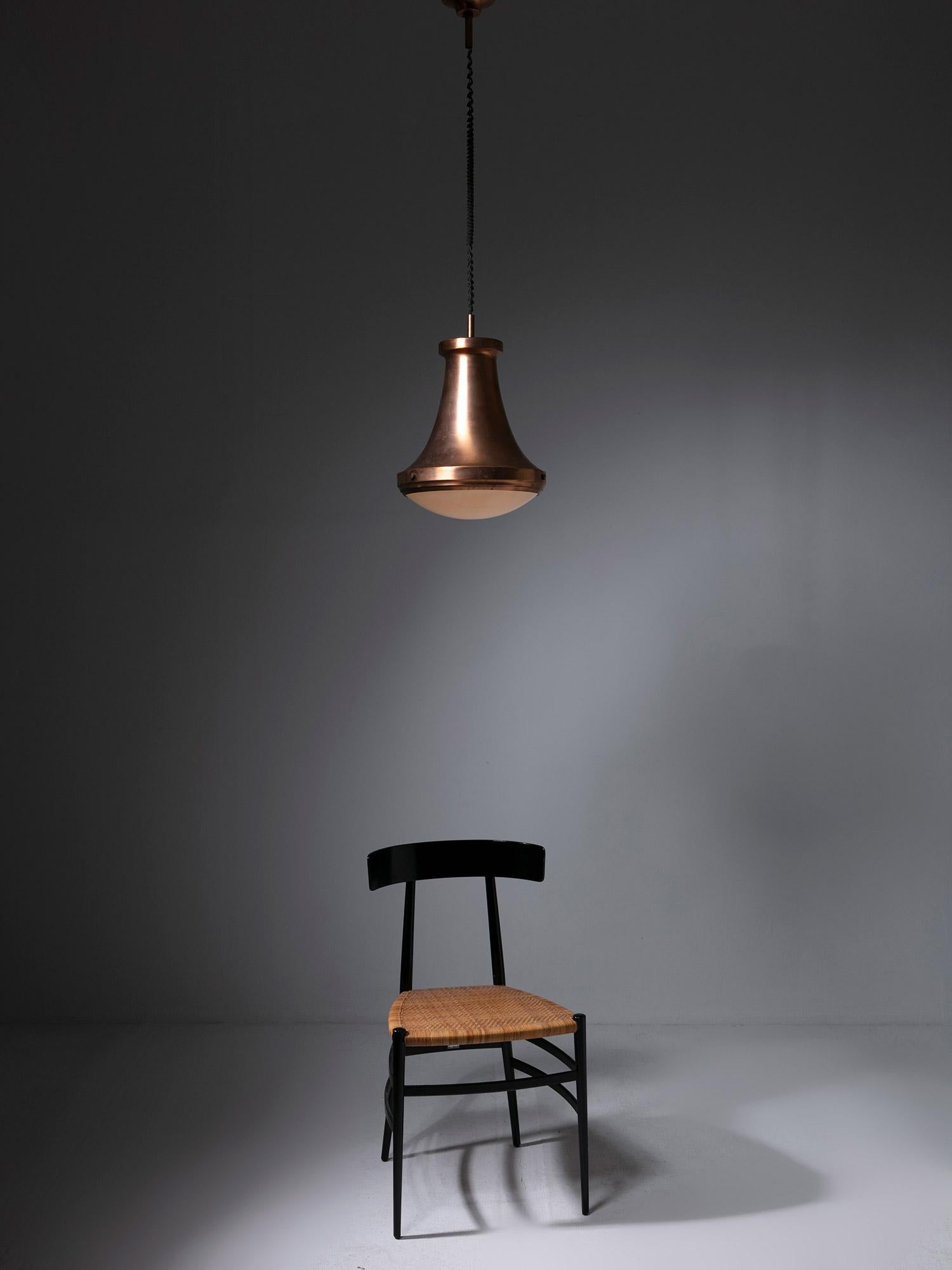 Copper Pendant Lamp with Large Metal Body, Frosted Glass Shade, Italy, 1960s For Sale 2