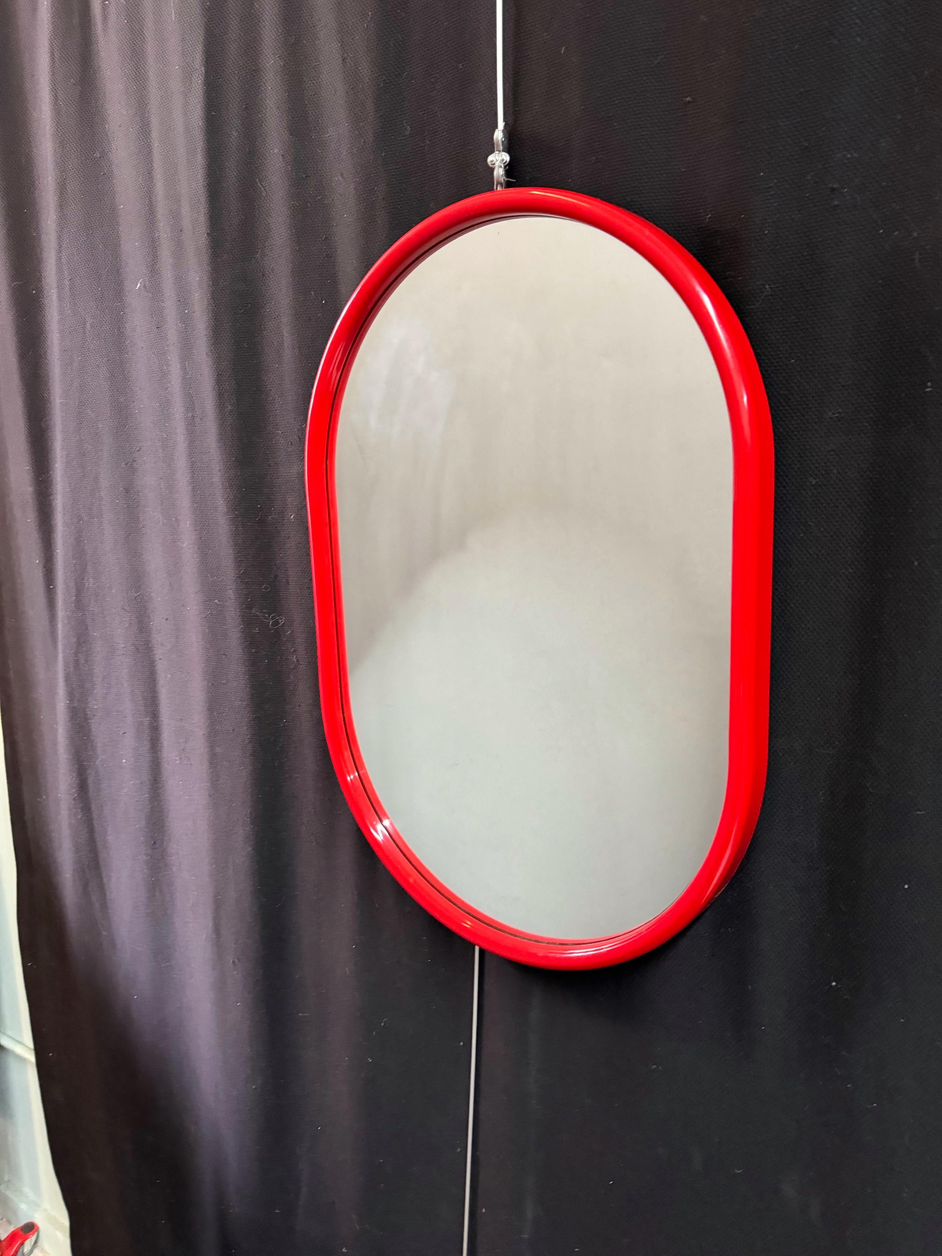 Mid-20th Century Italian 60’s Mod Oval Red Acrylic Mirror For Sale