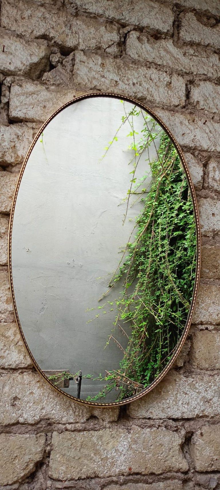 Plated Italian 60's Oval Wall Mirror In Brass Frame. Italy For Sale