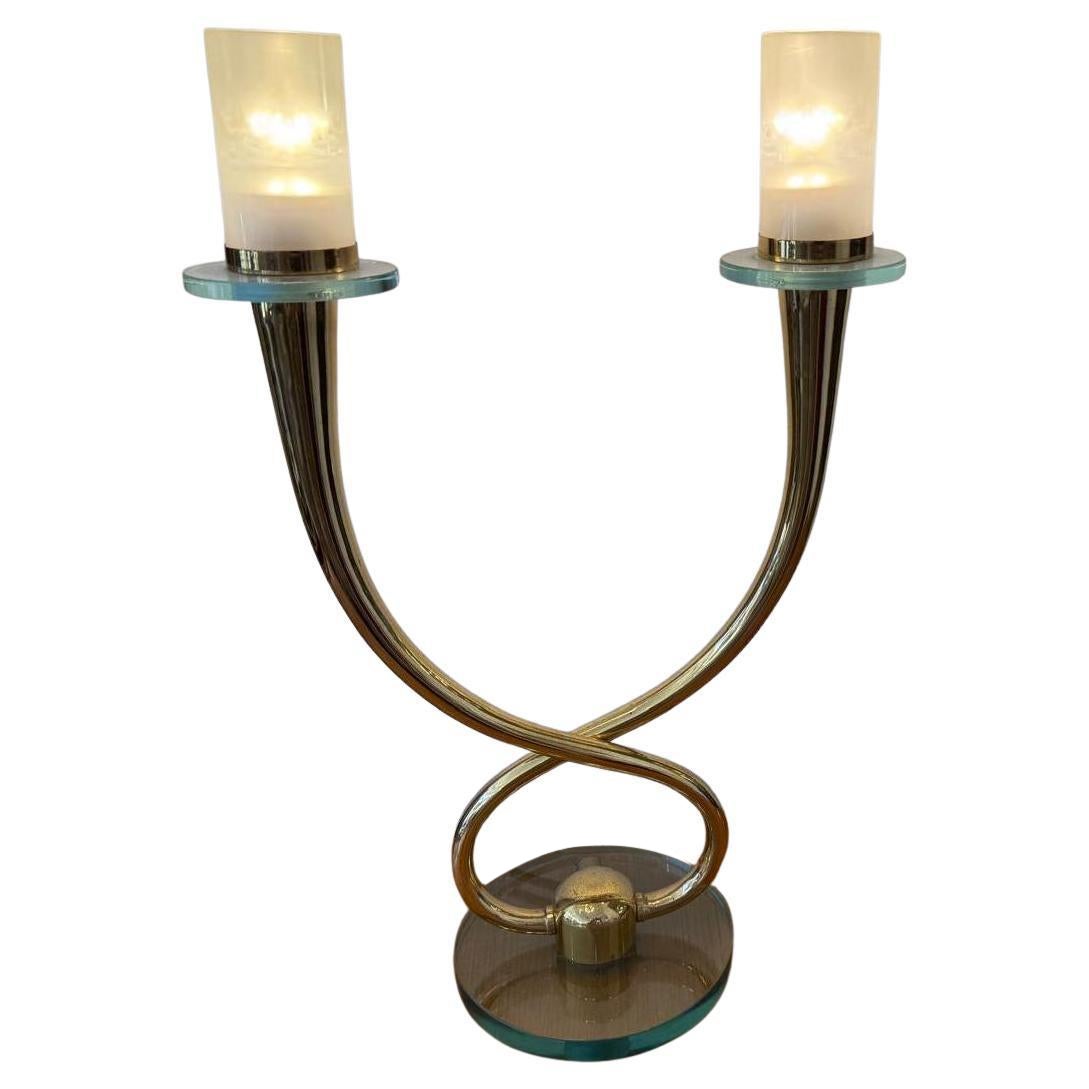 Italian 60's Table Lamp In Glass & Brass Attributed To Luigi Brusotti