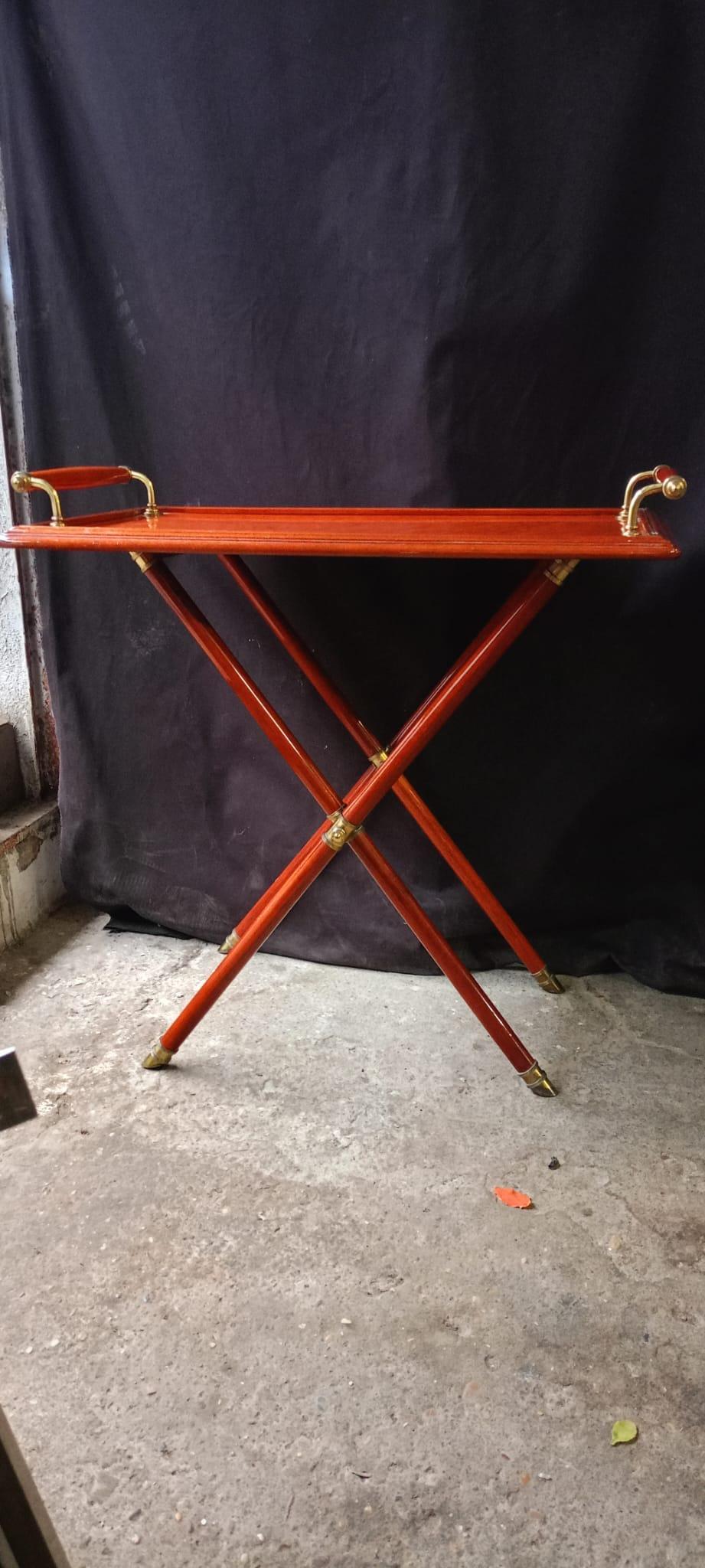 Plated Italian 70's Butler Serving Table In Brass And Red Lacquer For Sale