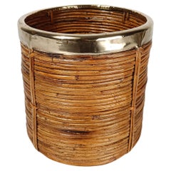 Italian 70s Cachepot Basket in Hand-Woven Pencil Reed Rattan & Brass