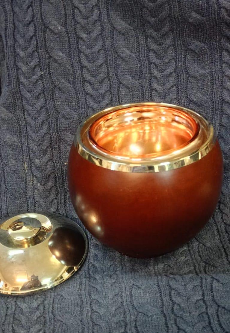 Italian 70's Circular Ice Bucket In Teak Chrome For Sale 3