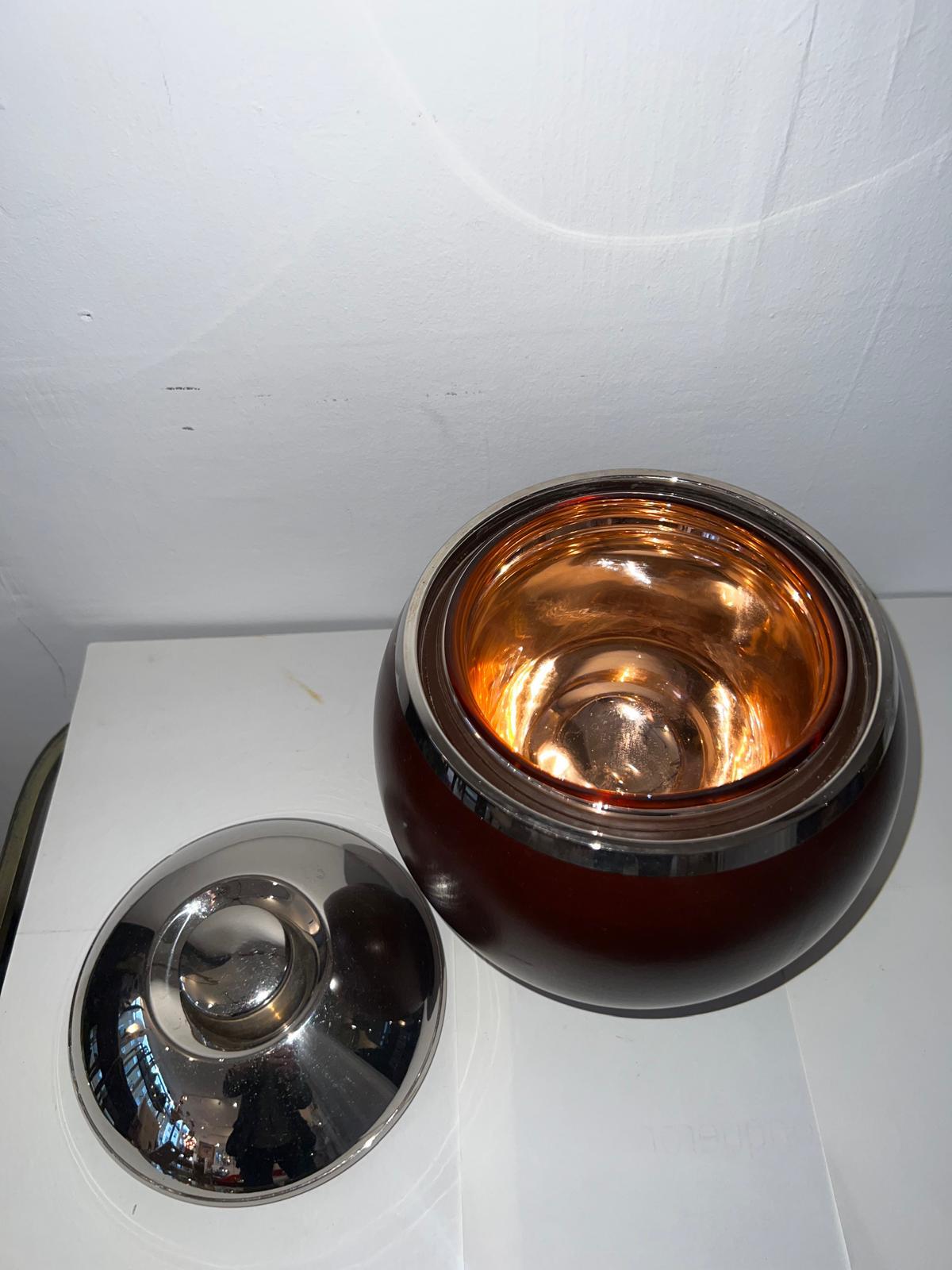 Other Italian 70's Circular Ice Bucket In Teak Chrome For Sale