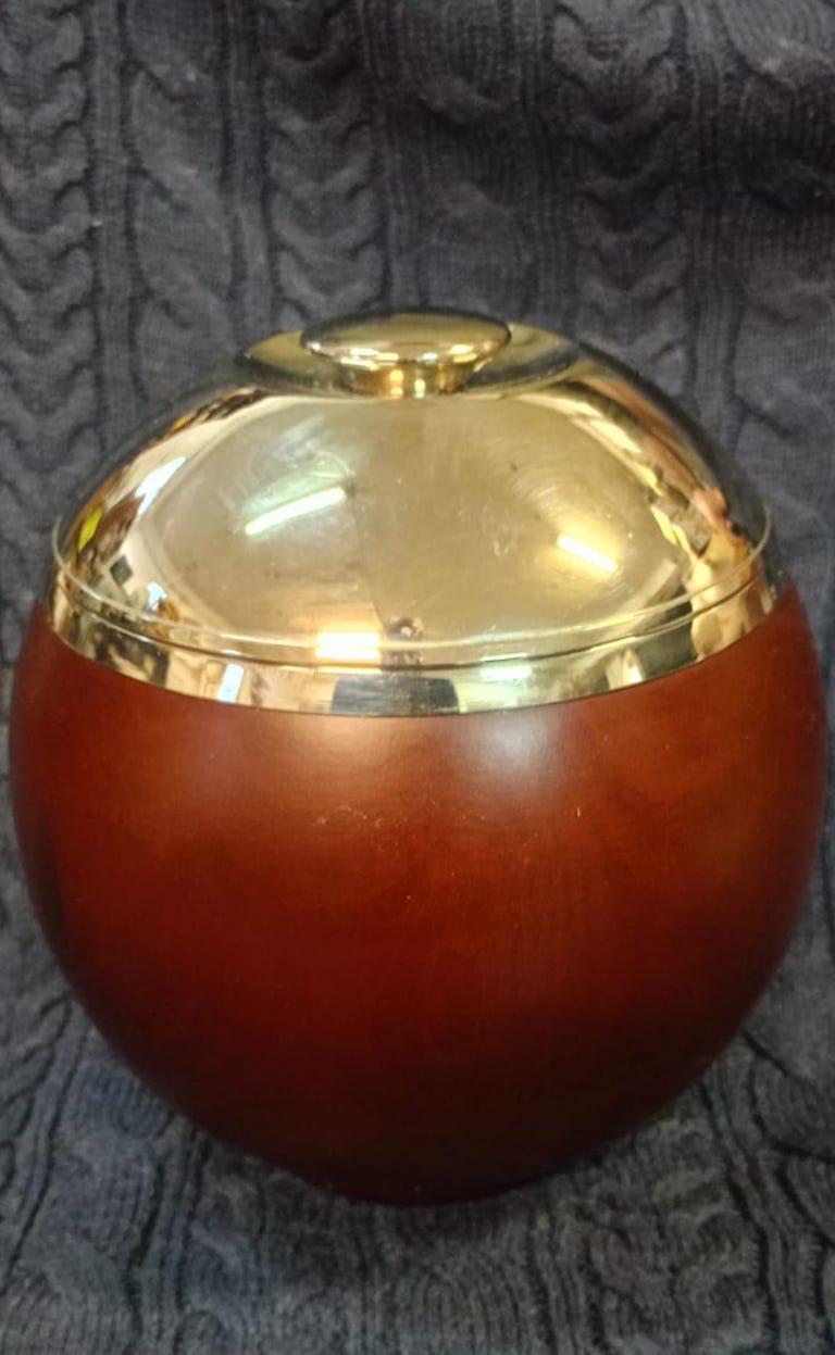 Italian 70's Circular Ice Bucket In Teak Chrome For Sale 1