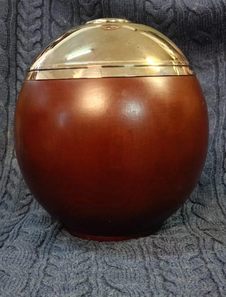 Italian 70's Circular Ice Bucket In Teak Chrome For Sale 2
