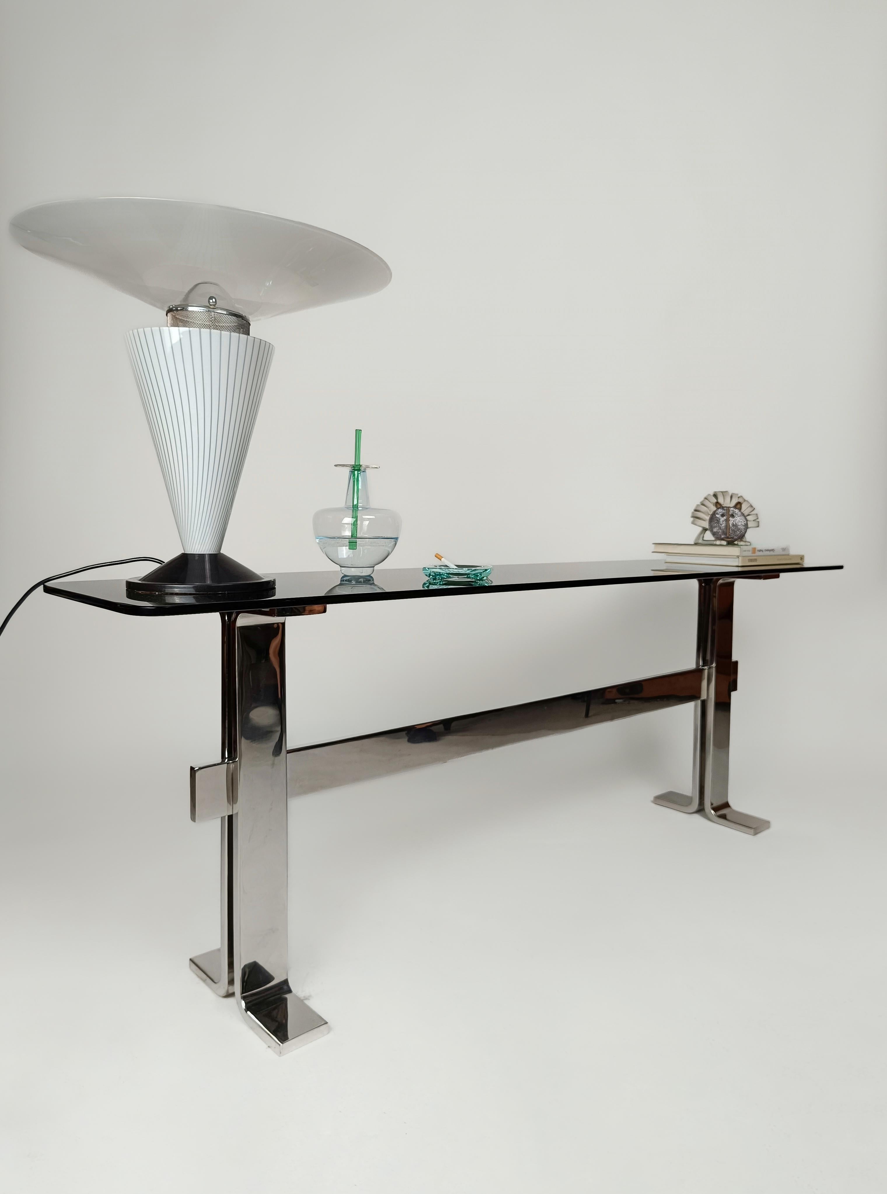 Space Age  Italian 70s Console Table attributable to Saporiti in Chrome Metal, Smoke Glass