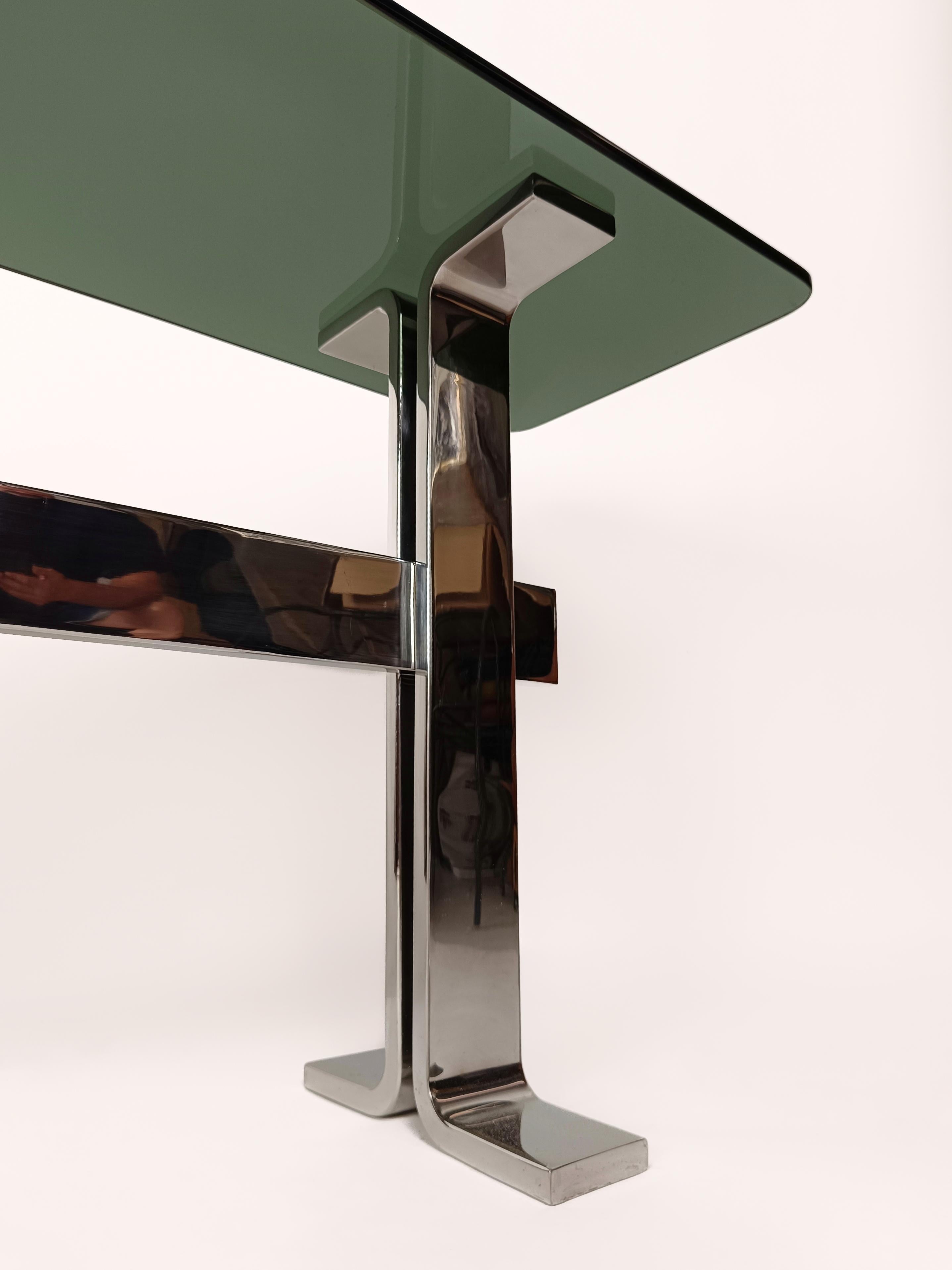 Late 20th Century  Italian 70s Console Table attributable to Saporiti in Chrome Metal, Smoke Glass