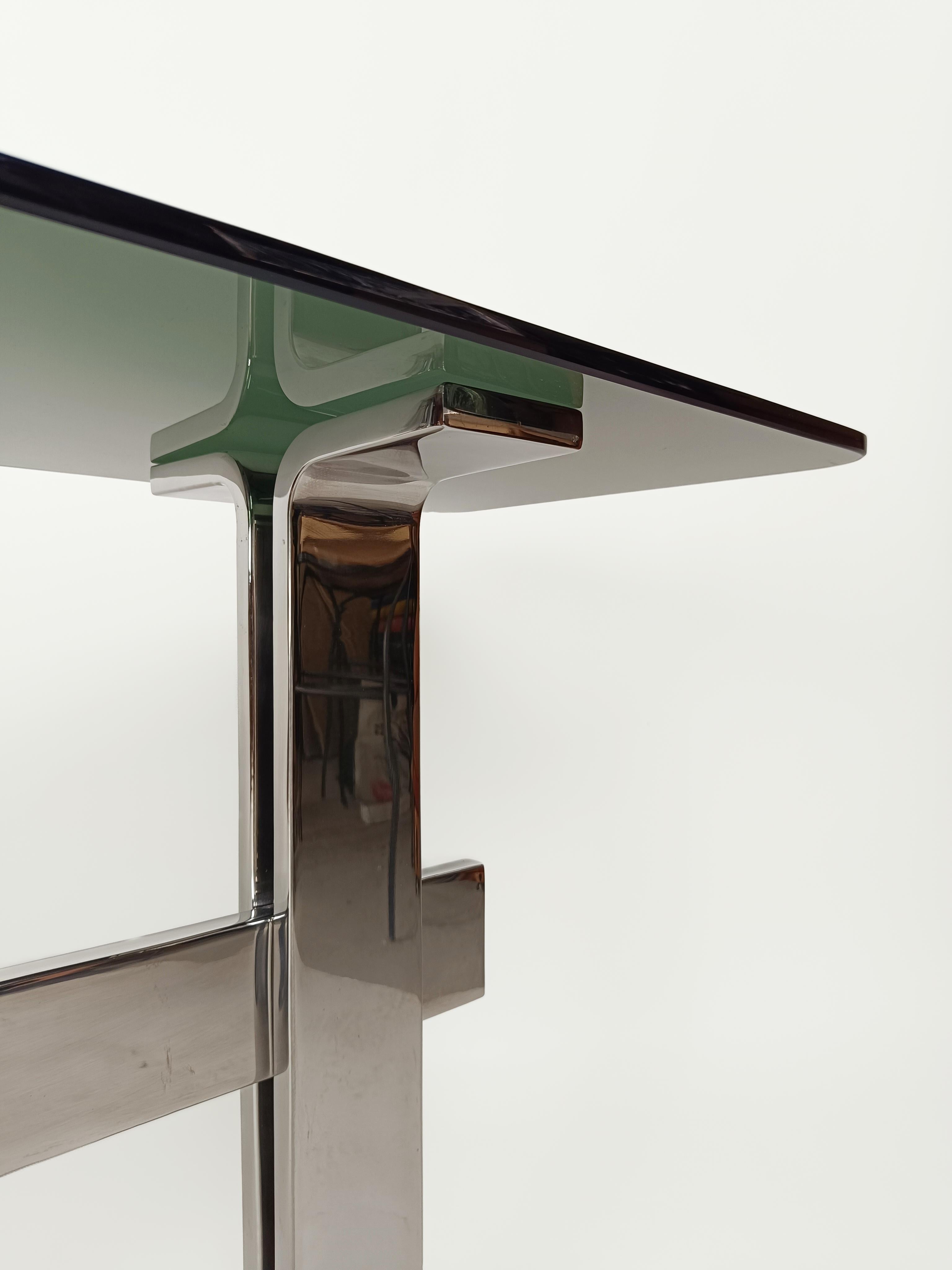  Italian 70s Console Table attributable to Saporiti in Chrome Metal, Smoke Glass 1