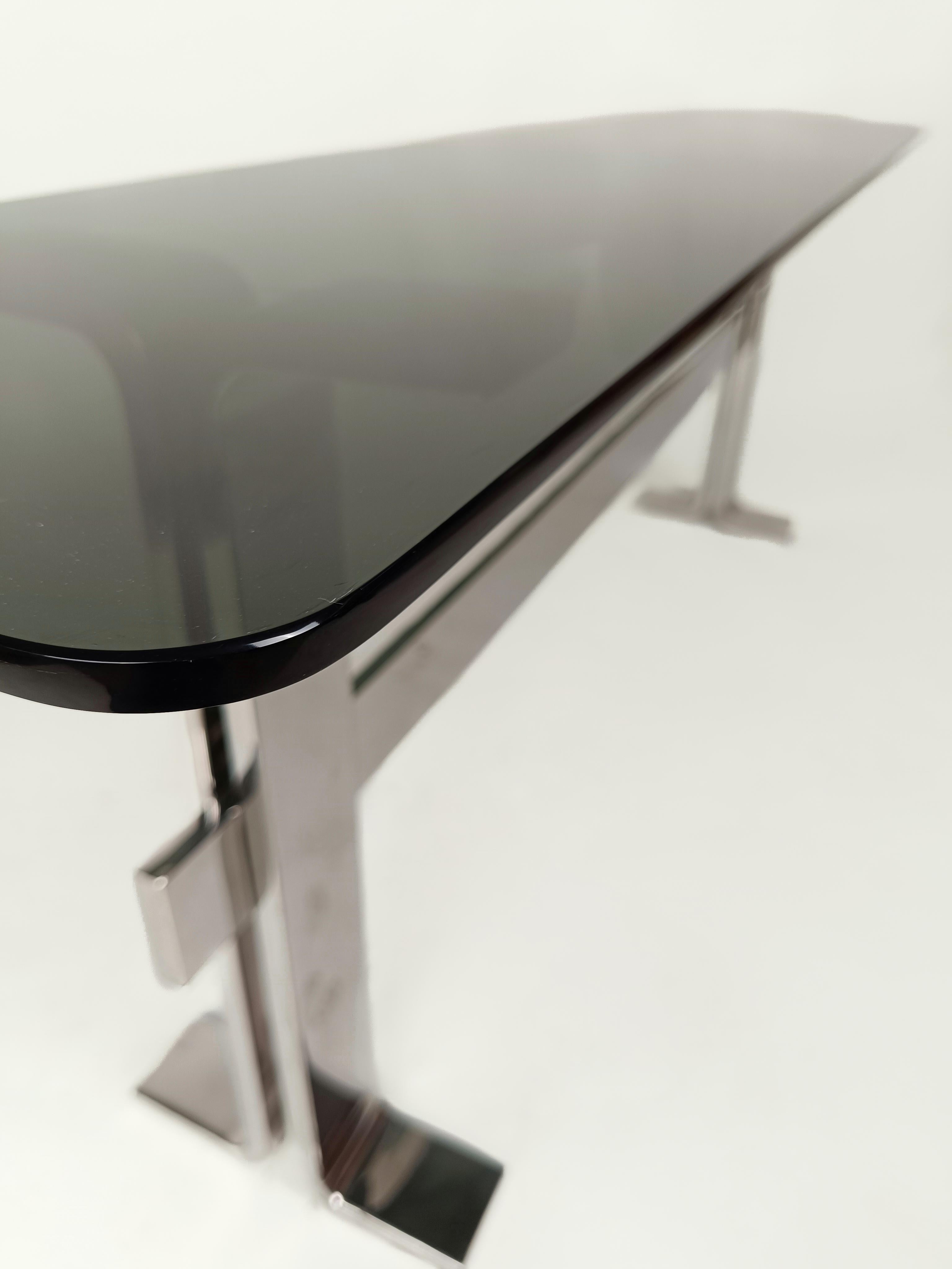  Italian 70s Console Table attributable to Saporiti in Chrome Metal, Smoke Glass 2