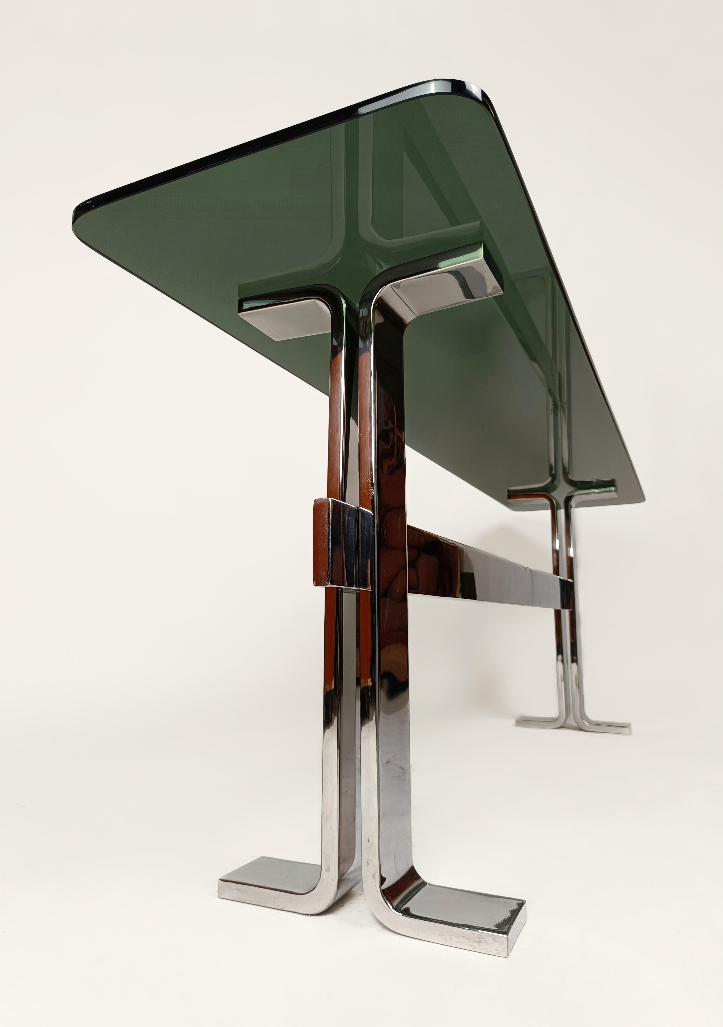  Italian 70s Console Table attributable to Saporiti in Chrome Metal, Smoke Glass 3
