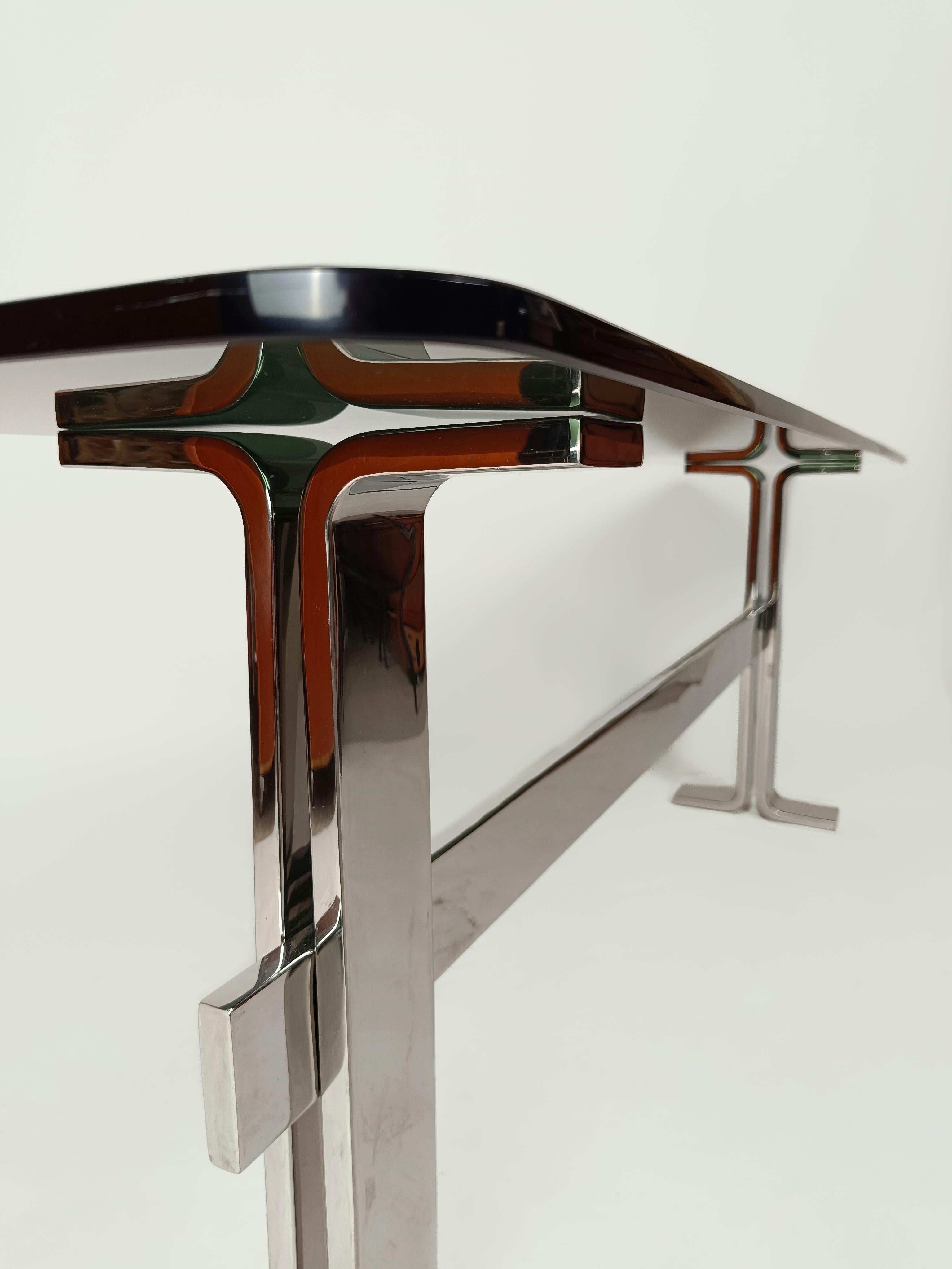  Italian 70s Console Table attributable to Saporiti in Chrome Metal, Smoke Glass 4