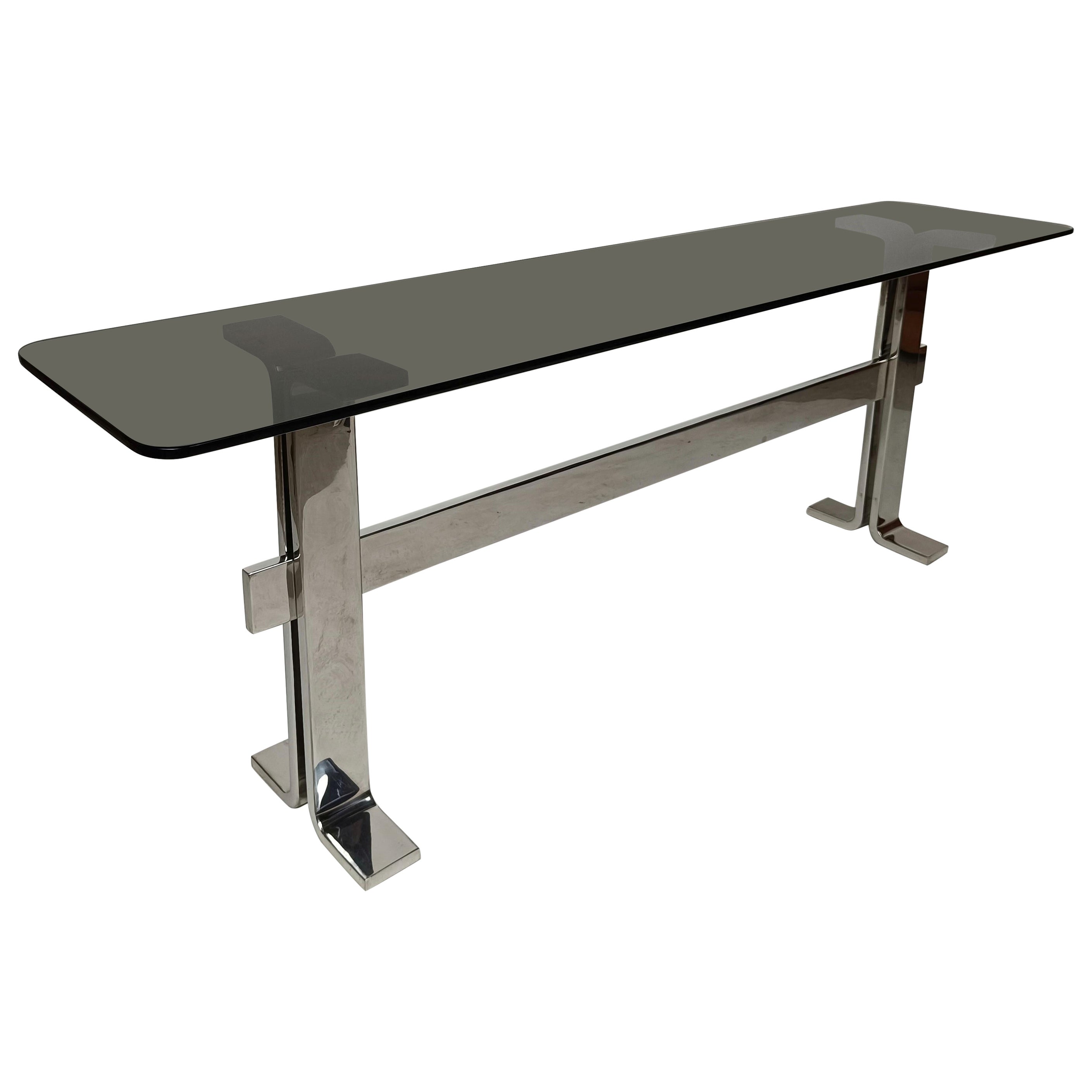Italian 70s Console Table attributable to Saporiti in Chrome Metal, Smoke Glass
