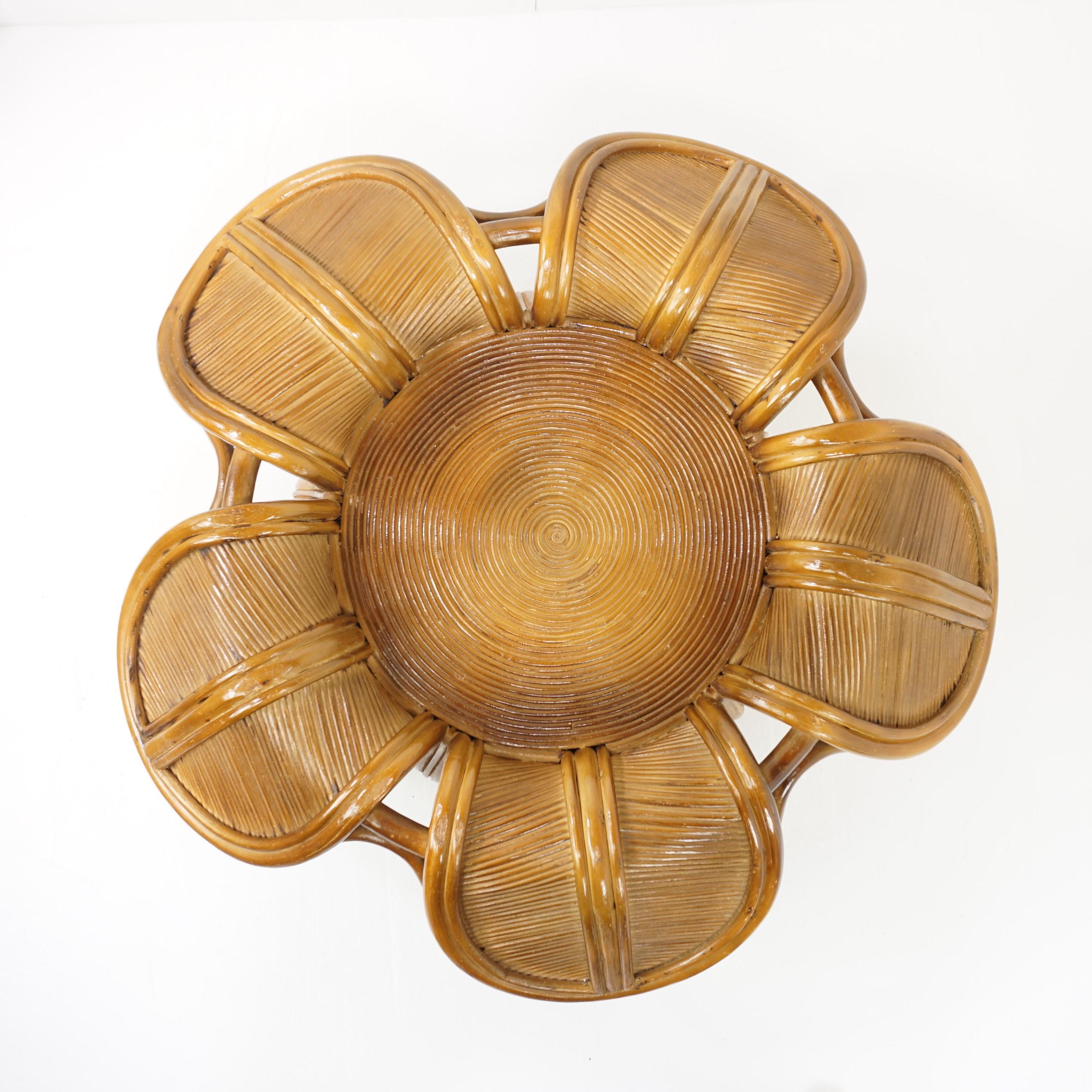 European Italian Design Pencil Reed or Rattan Marquetry Flower and Glass Coffee Table