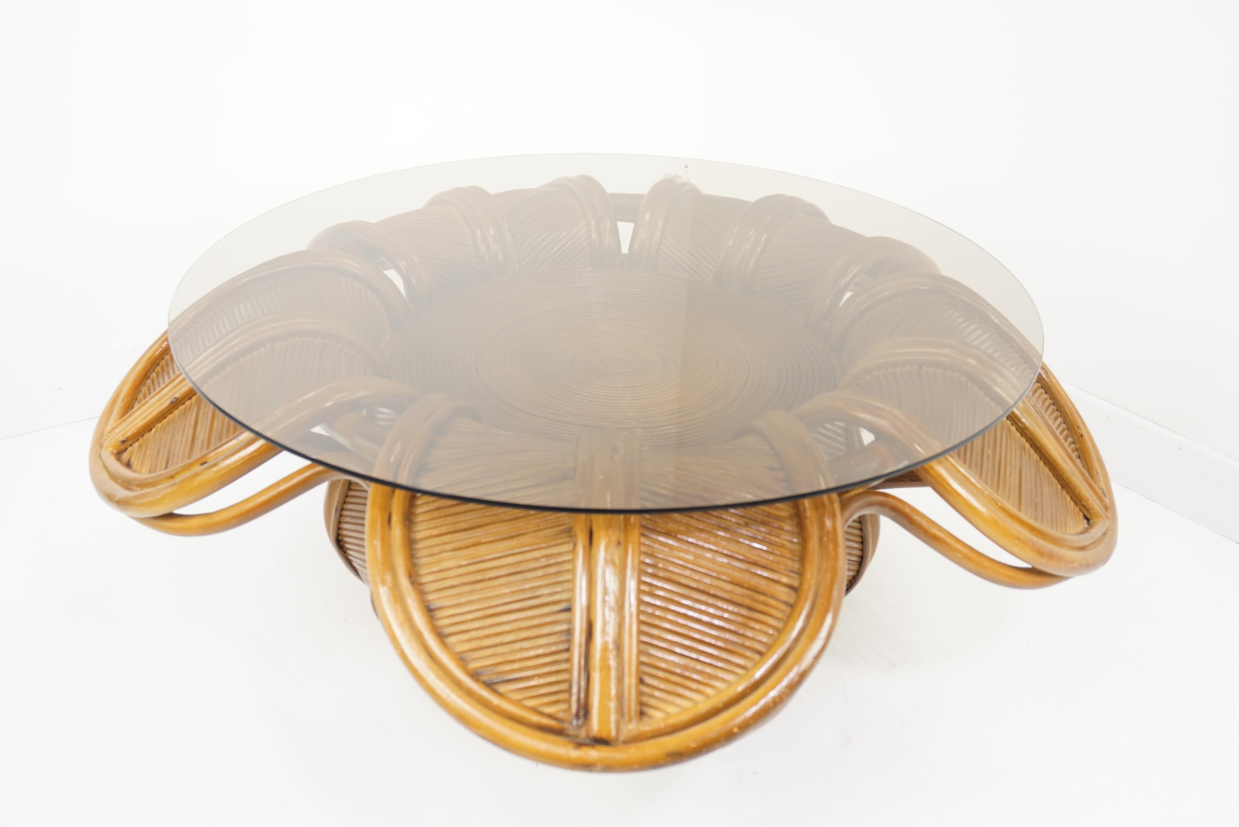 Italian Design Pencil Reed or Rattan Marquetry Flower and Glass Coffee Table 3