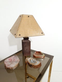 Italian 70s Table Lamp in Stoneware and Cane Rattan Encased in Clear Acrylic