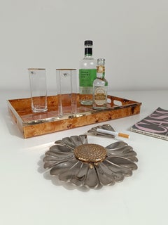 Italian 70s Tray in Brass, Burl Wood and Lucite in the style of Milo Baughman