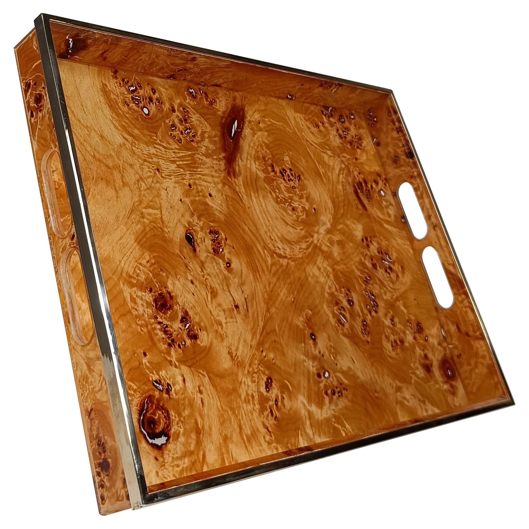 Italian 70s Tray in Brass, Burl Wood and Lucite in the style of Milo Baughman