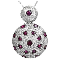 Italian 7.25 ct Diamond Ruby 14K White Gold Cluster Dangle Pendant  Necklace