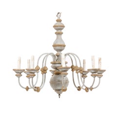 Italian 8-Light Painted Wood Chandelier in Blue-Grey Color, Mid-20th Century