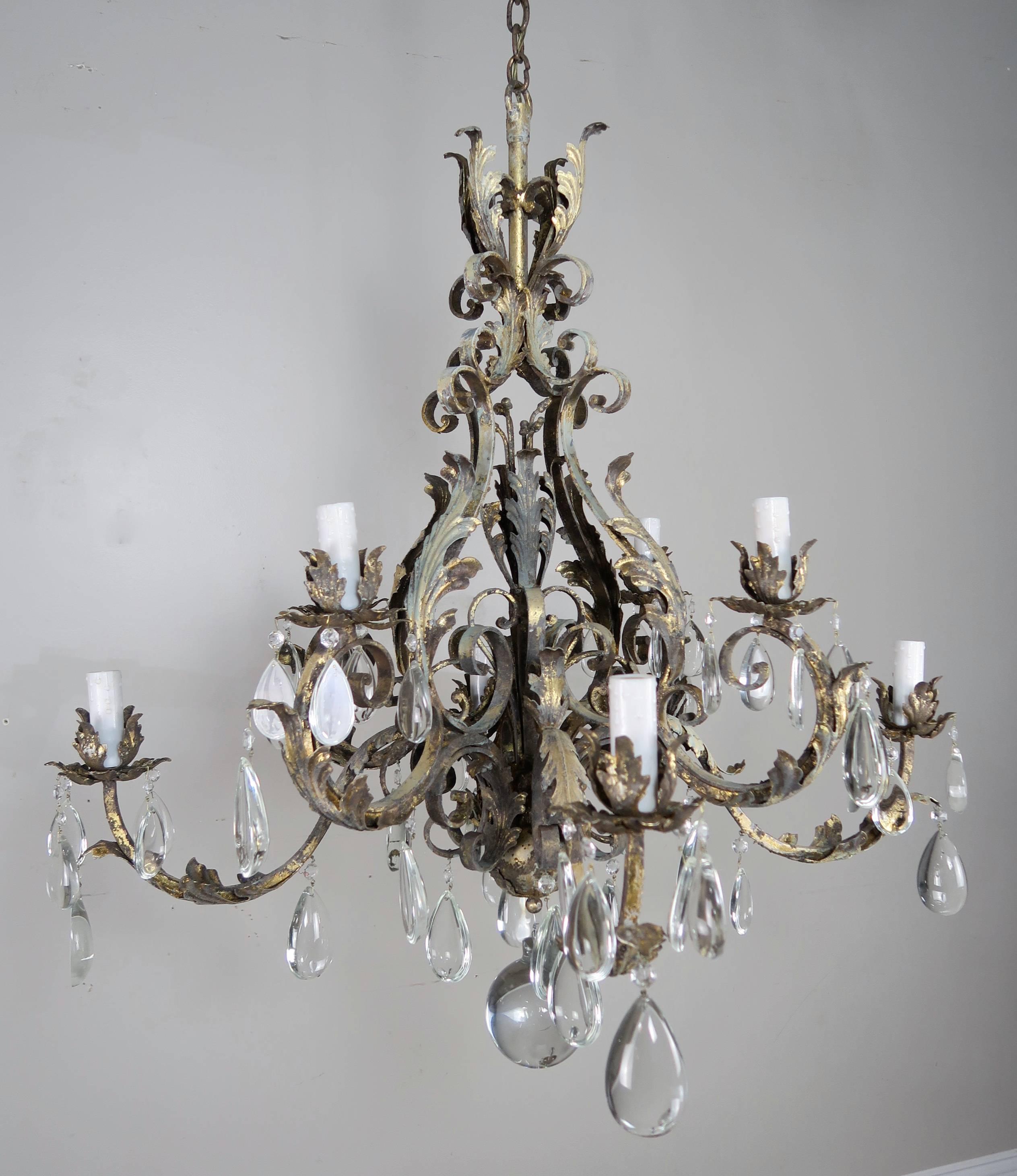 Baroque Italian Eight-Light Wrought Iron Crystal Chandelier