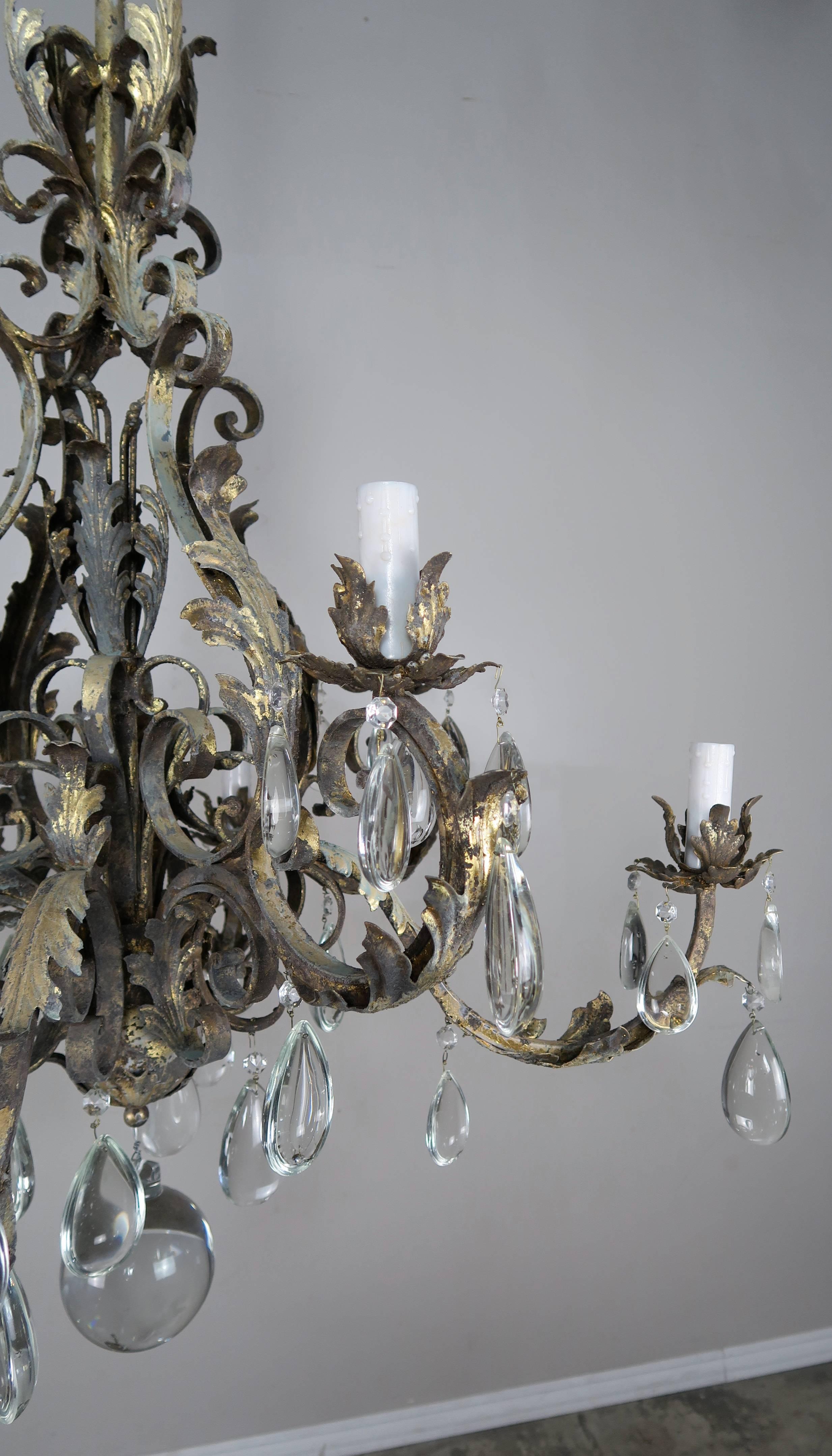 Gilt Italian Eight-Light Wrought Iron Crystal Chandelier