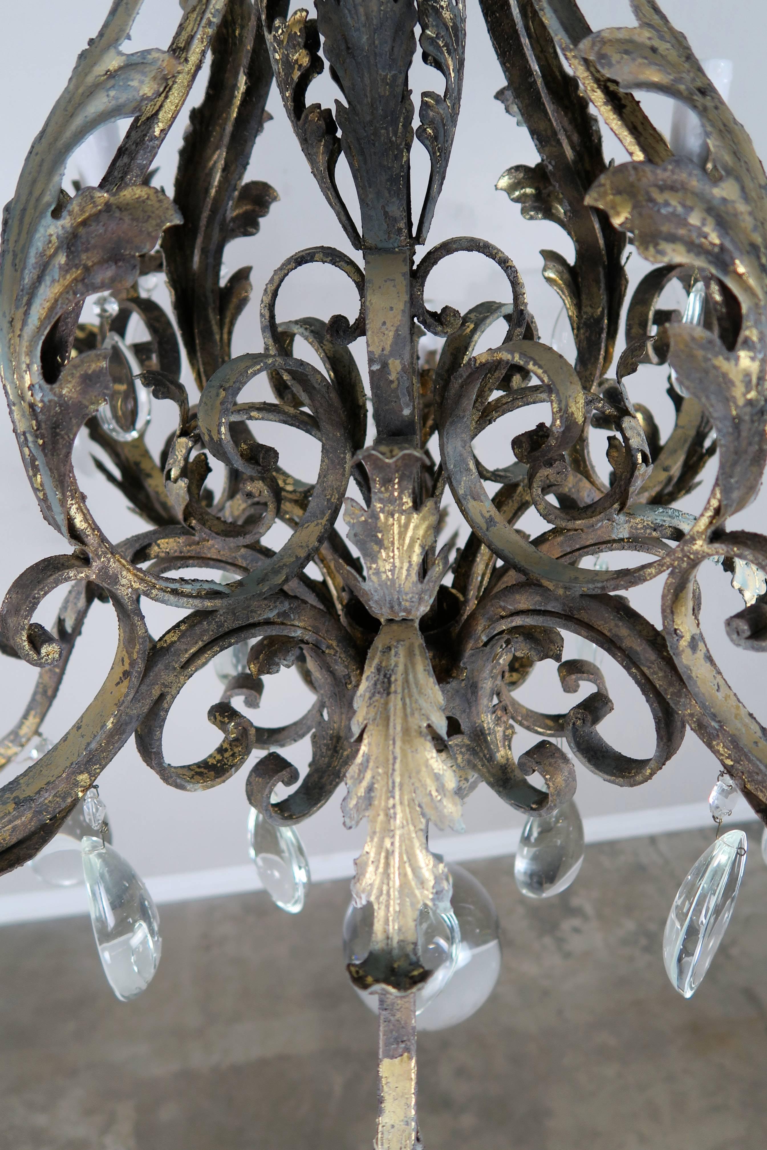 Italian Eight-Light Wrought Iron Crystal Chandelier In Distressed Condition In Los Angeles, CA
