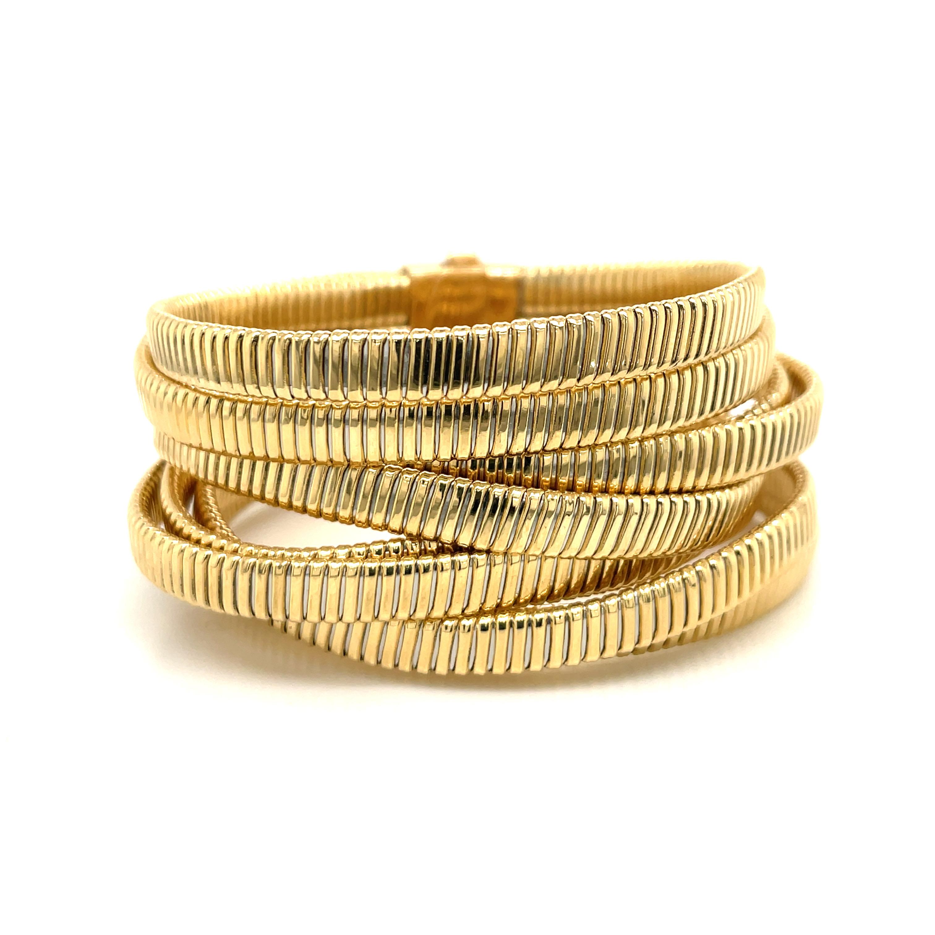Bracelet large tubogas italien 8 rangées en or jaune 18 carats 66.1 grammes Neuf - En vente à New York, NY