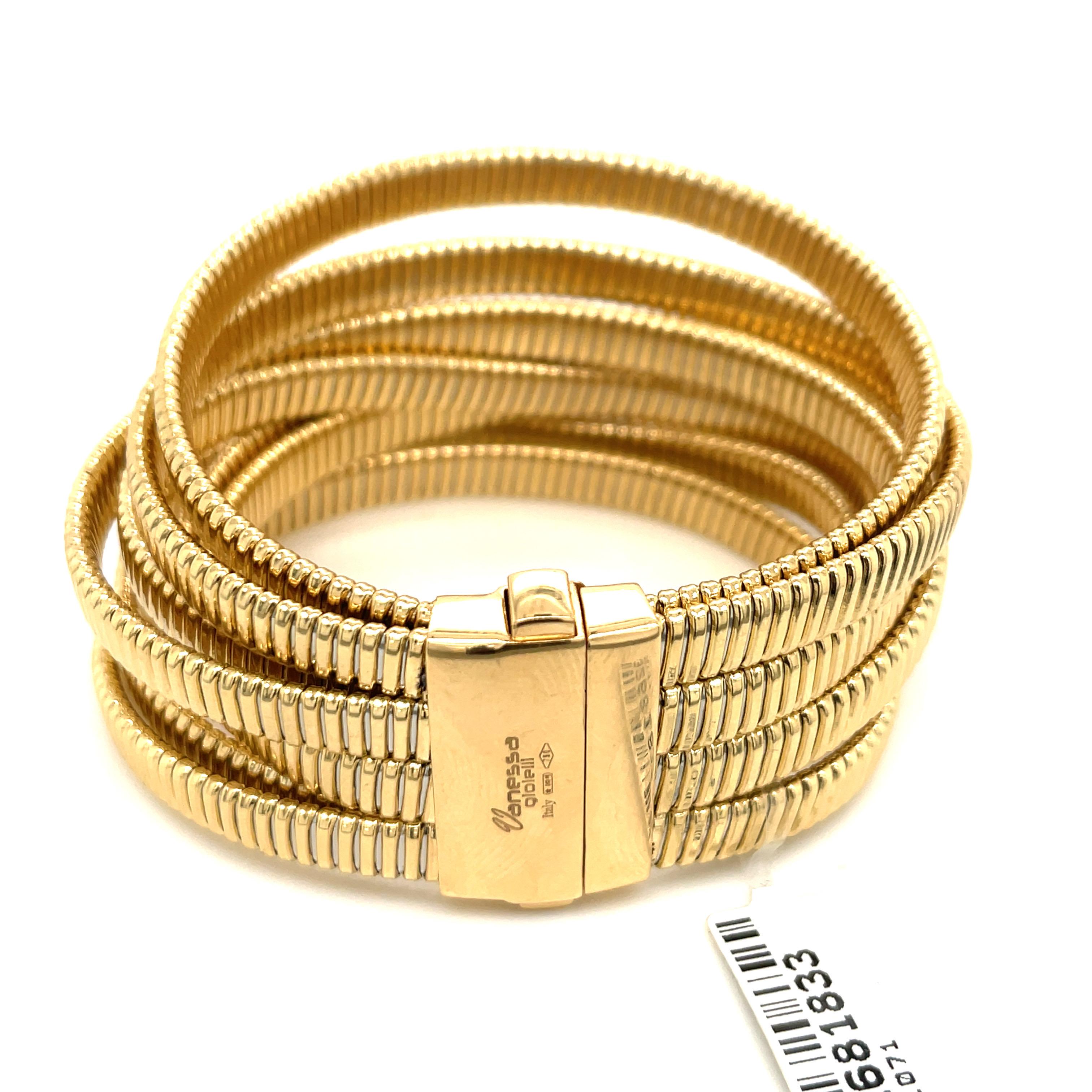 Women's Italian 8 Multi Row Tubogas Wide Bracelet 18 Karat Yellow Gold 66.1 Grams For Sale