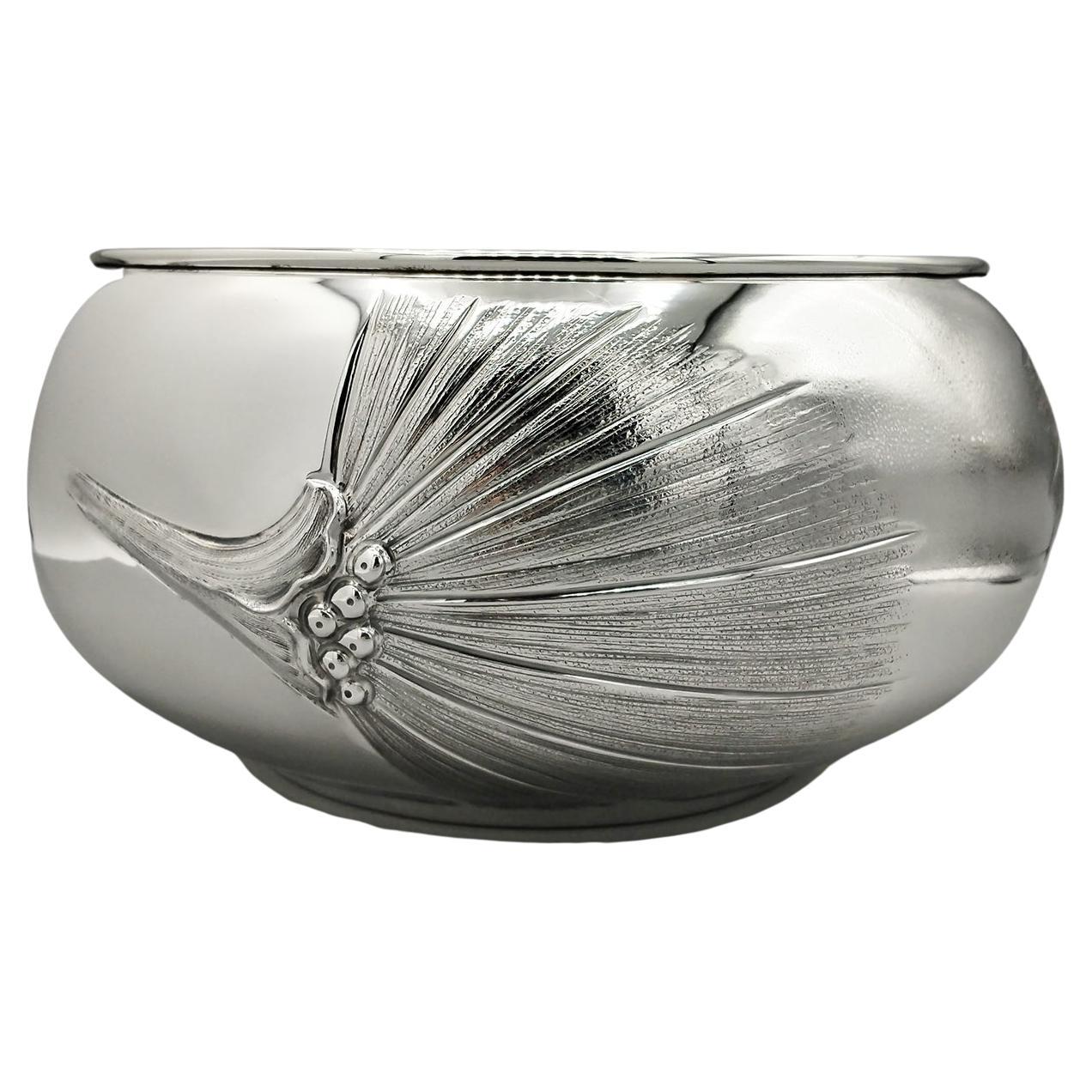 Italian 800 silver bowl embossed and chiseled with strelitzia flowers