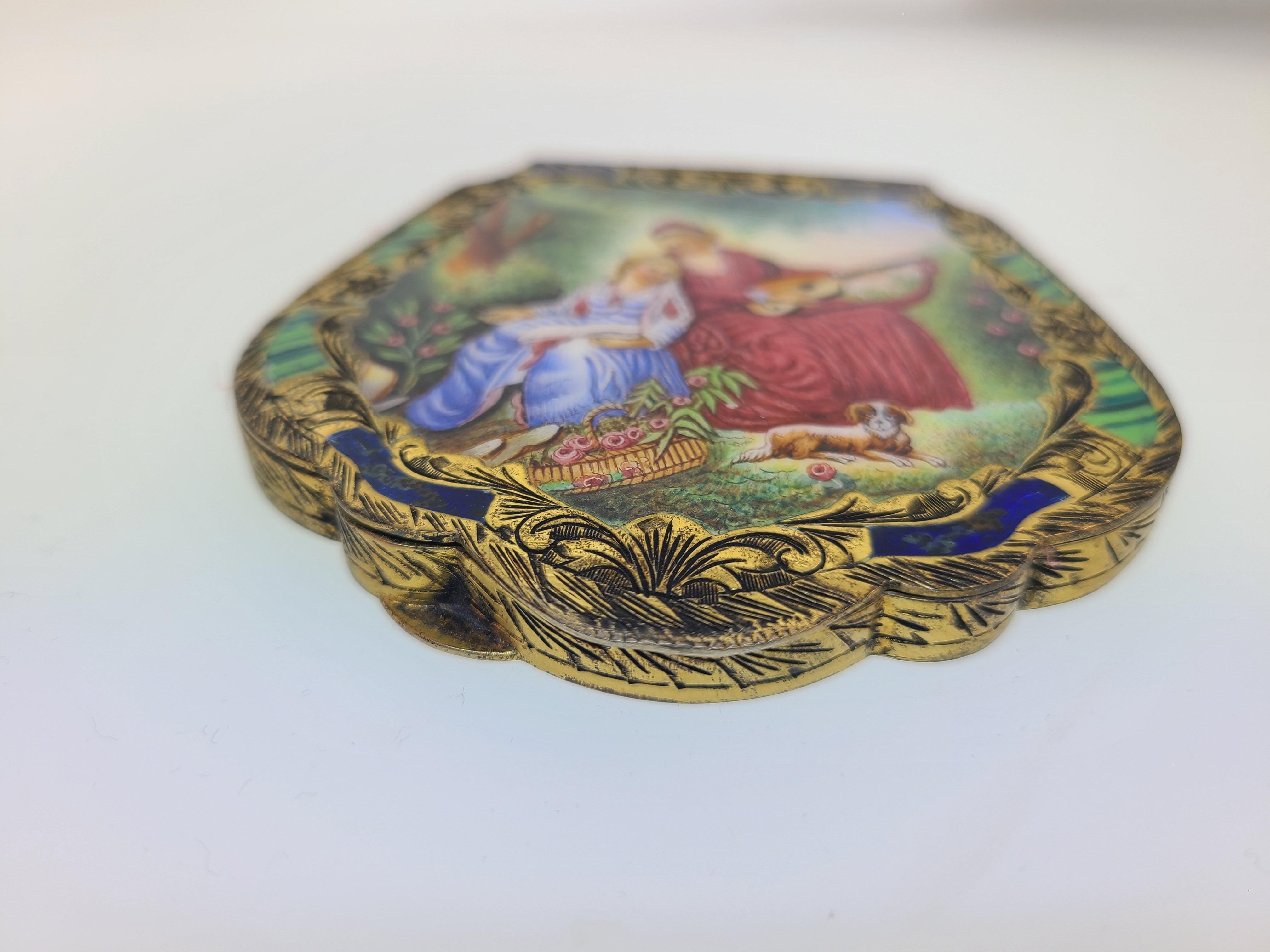 Italian 800 Silver Gold Vermeil Hand Painted Enamel Compact 1