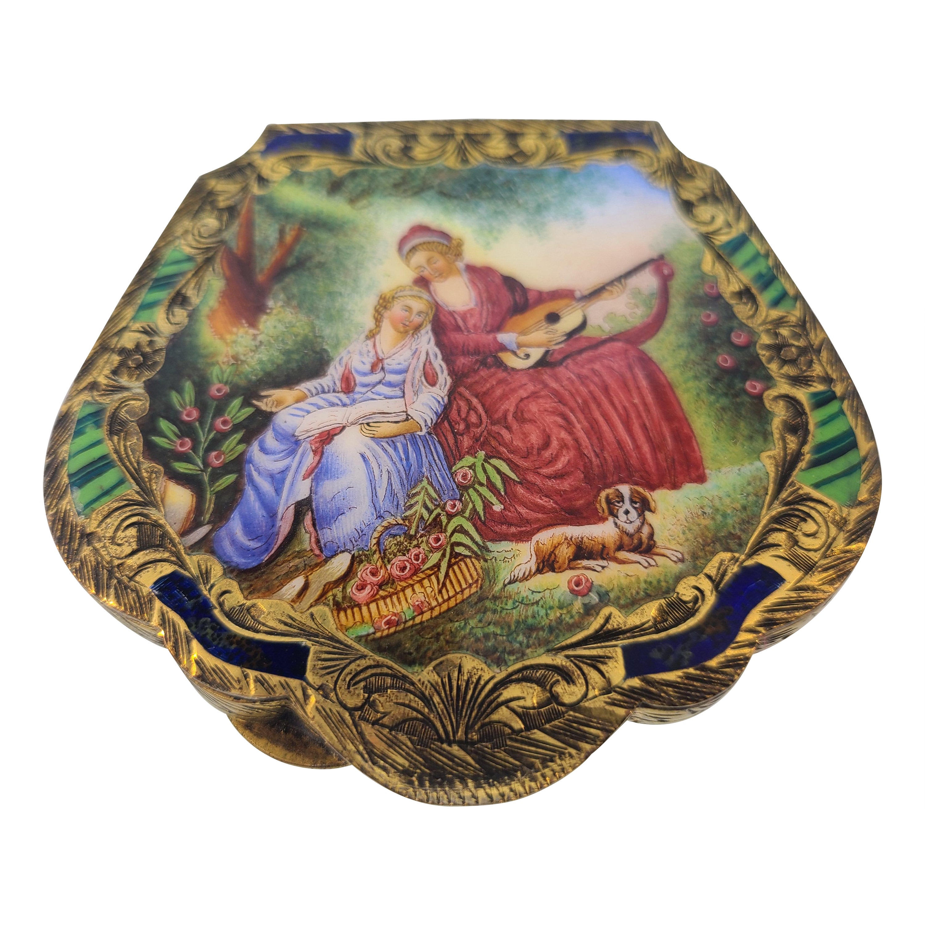 Italienische handbemalte Emaille 800er Silber Gold Vermeil kompakt