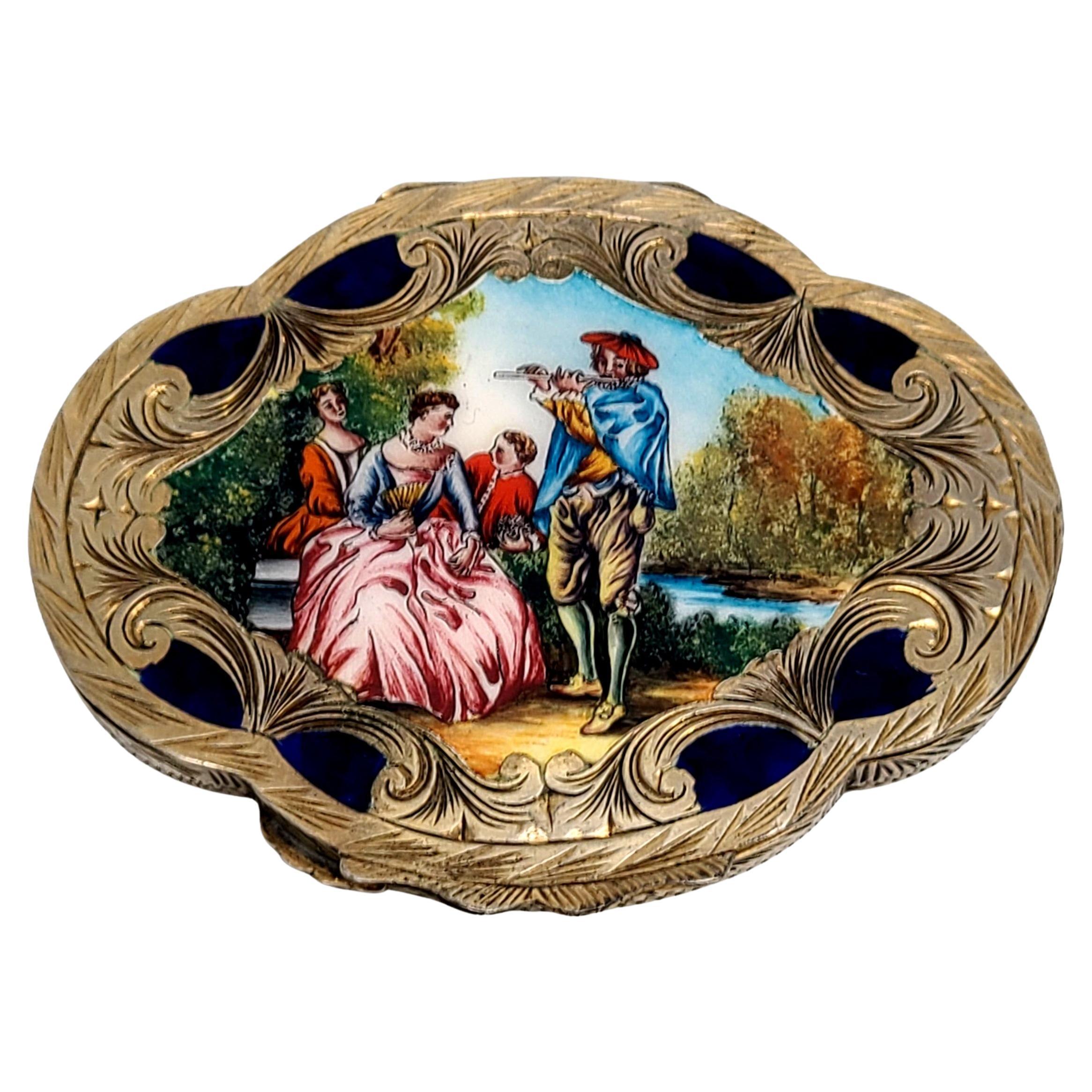 Italian 800 Silver Gold Vermeil Hand Painted Enamel Compact