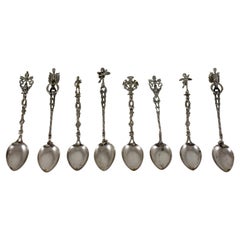Antique  Italian 800 Silver Renaissance Style Figural Demitasse Spoons, Set of 8