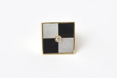 Vintage 18K Gold Geometric Ring Onyx, Mother of Pearl And Small Diamond Italy